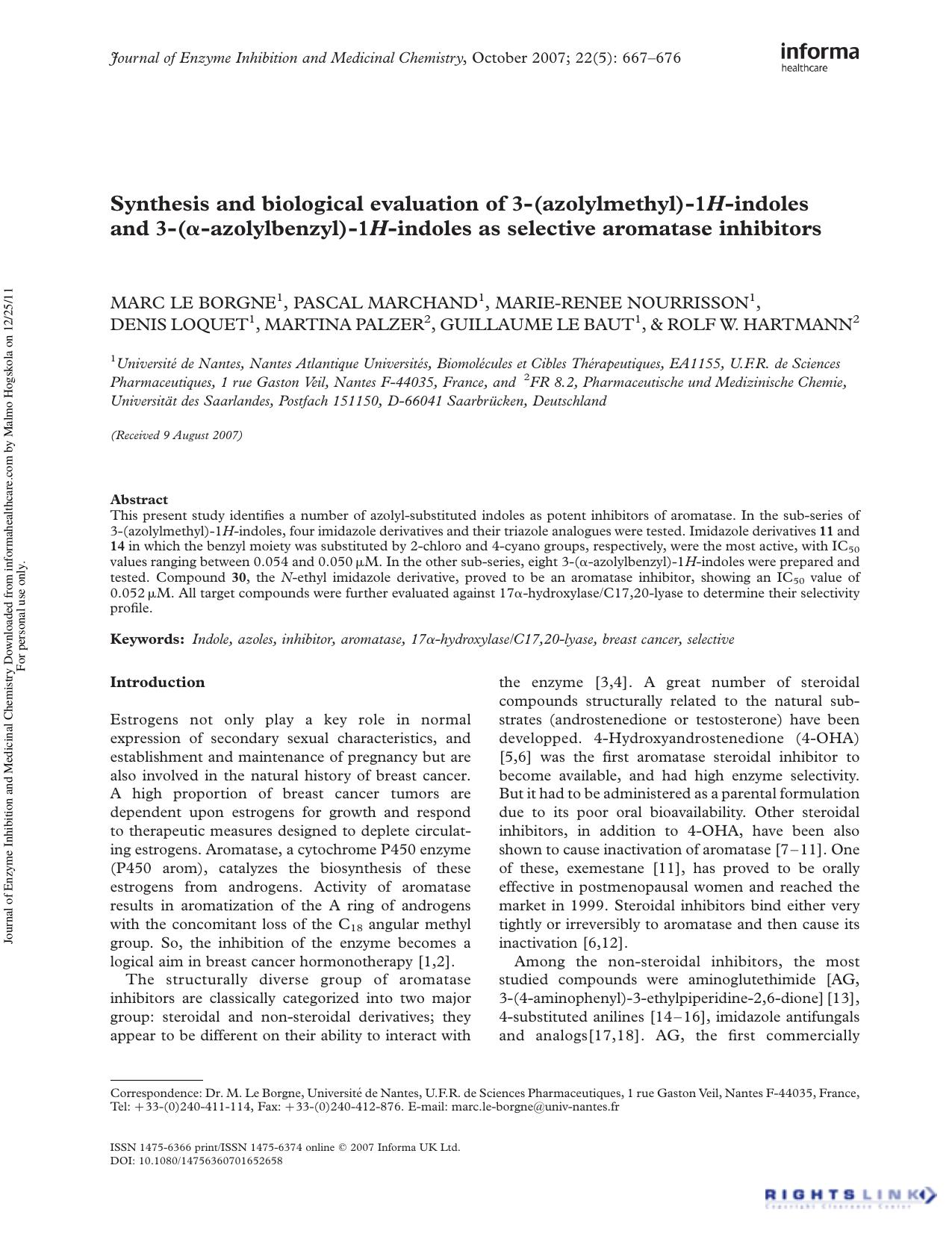 Synthesis and biological evaluation of 3-(azolylmethyl)-1H-indoles and 3-(Î±-azolylbenzyl)-1H-indoles as selective aromatase inhibitors by unknow