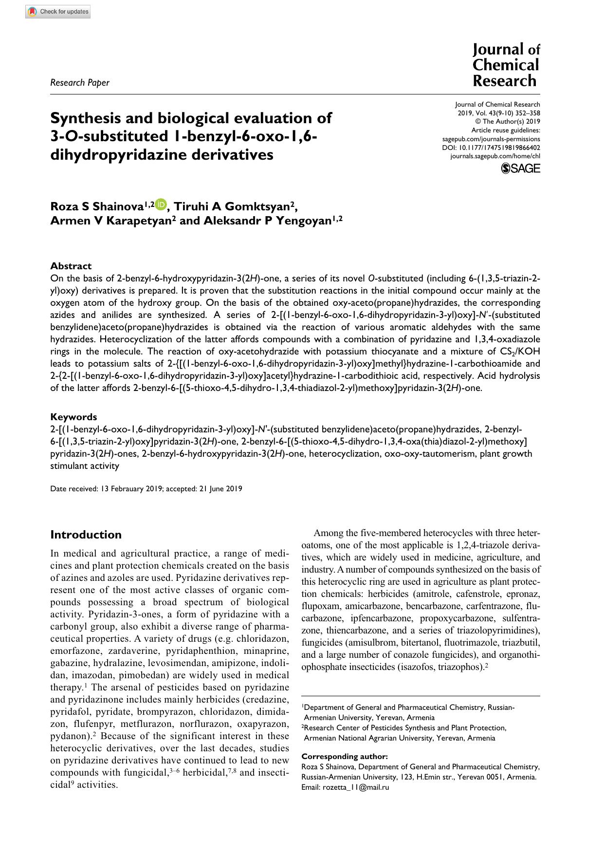 Synthesis and biological evaluation of 3-O-substituted 1-benzyl-6-oxo-1,6-dihydropyridazine derivatives by Roza S Shainova Tiruhi A Gomktsyan Armen V Karapetyan & Aleksandr P Yengoyan