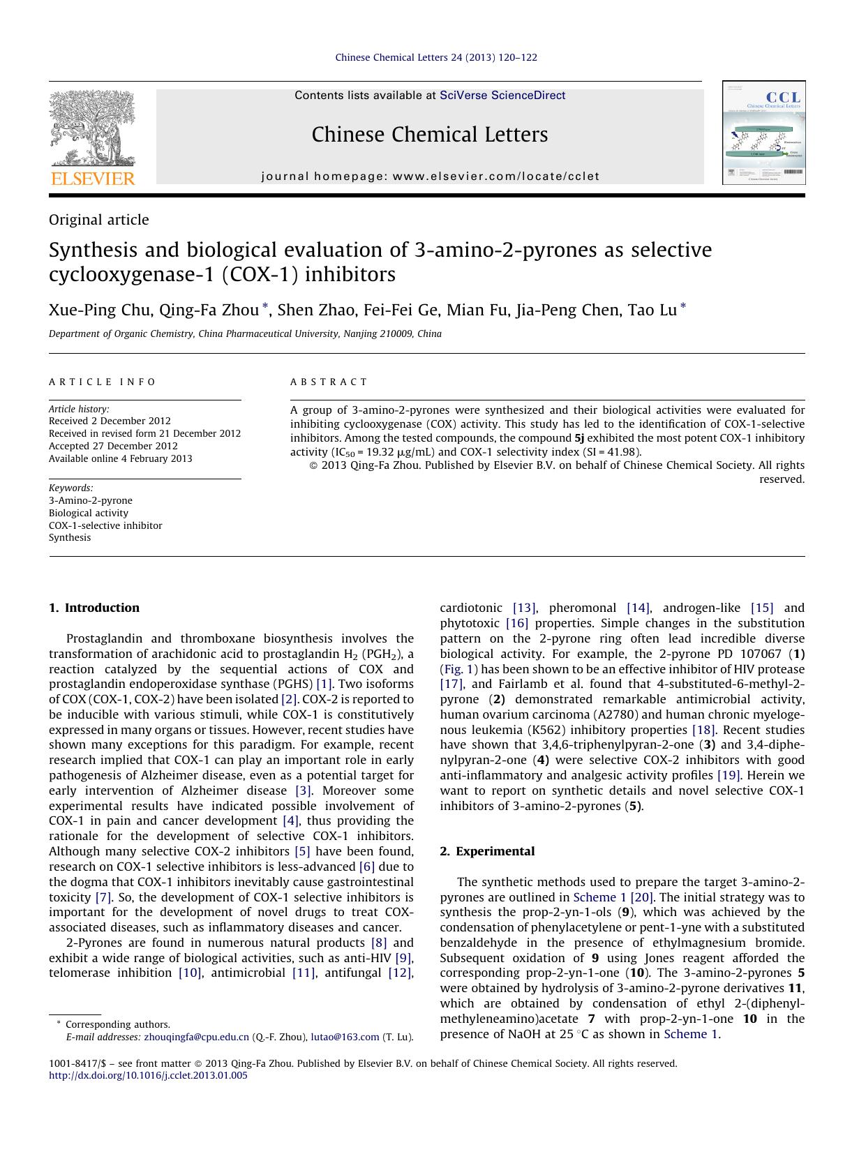 Synthesis and biological evaluation of 3-amino-2-pyrones as selective cyclooxygenase-1 (COX-1) inhibitors by Xue-Ping Chu