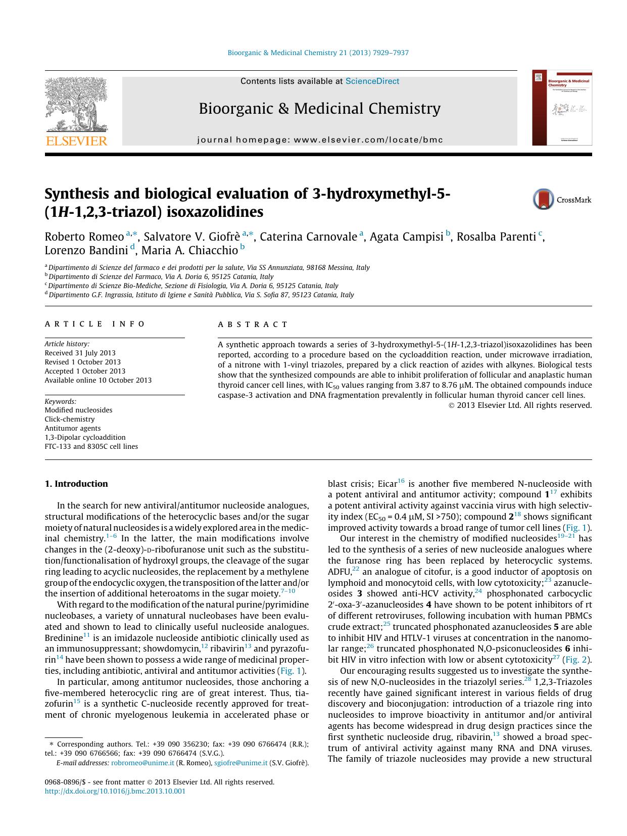 Synthesis and biological evaluation of 3-hydroxymethyl-5-(1H-1,2,3-triazol) isoxazolidines by unknow