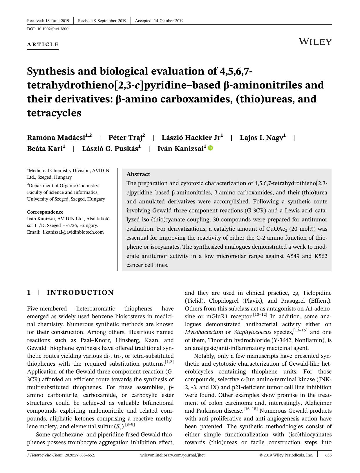 Synthesis and biological evaluation of 4,5,6,7âtetrahydrothieno[2,3âc]pyridineâbased âaminonitriles and their derivatives: âamino carboxamides, (thio)ureas, and tetracycles by unknow
