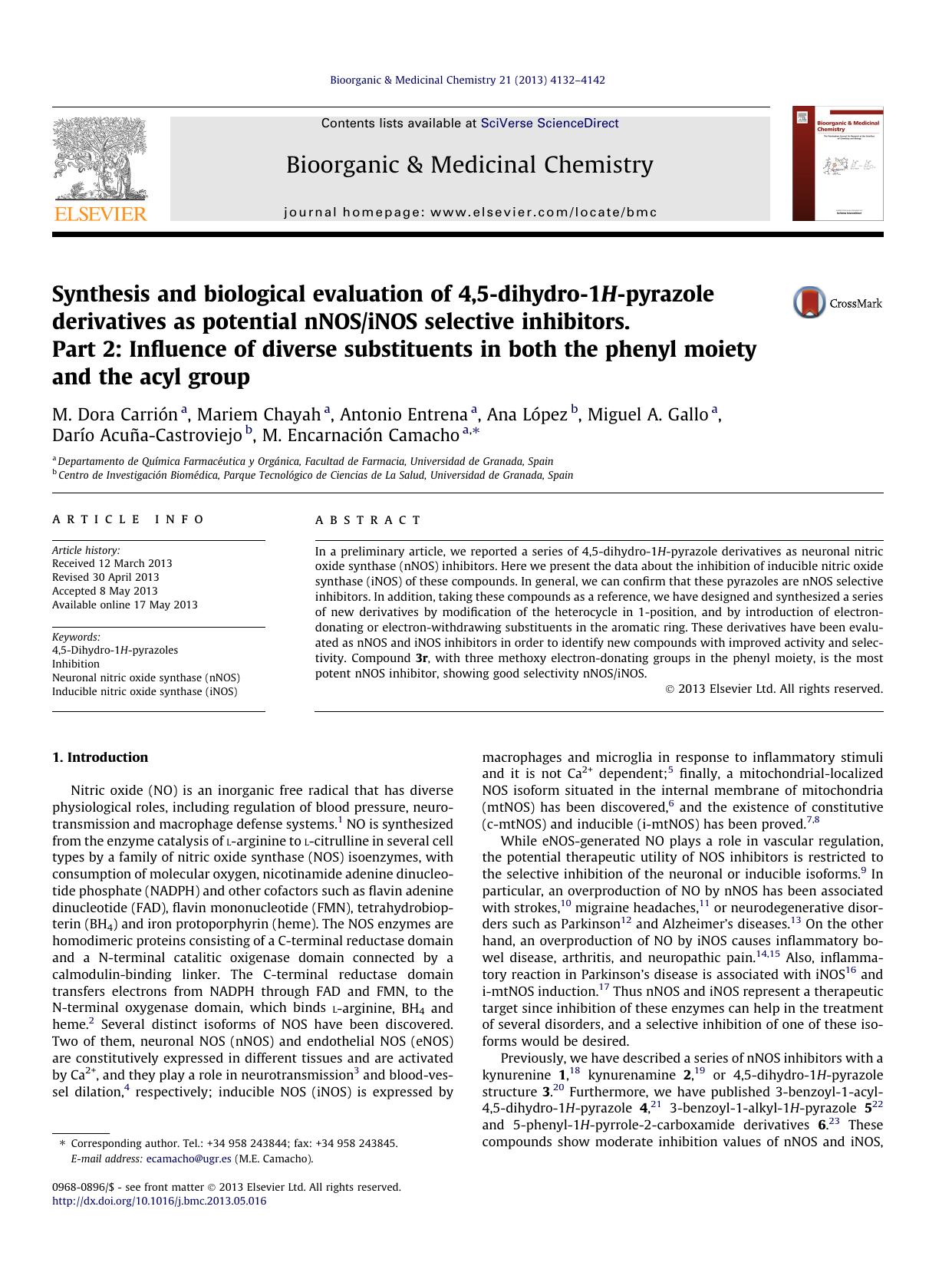 Synthesis and biological evaluation of 4,5-dihydro-1H-pyrazole derivatives as potential nNOSiNOS selective inhibitors. Part 2: Influence of diverse substituents in both the phenyl by unknow