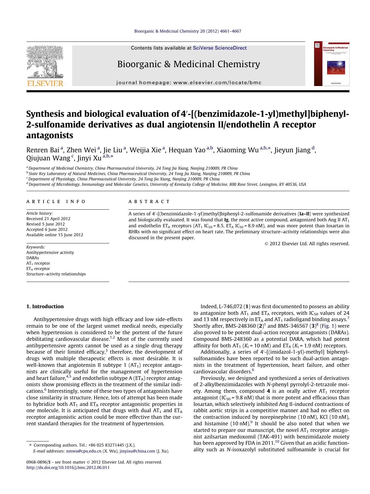 Synthesis and biological evaluation of 4Ã¢â¬Â²-[(benzimidazole-1-yl)methyl]biphenyl-2-sulfonamide derivatives as dual angiotensin IIendothelin A receptor antagonists by unknow