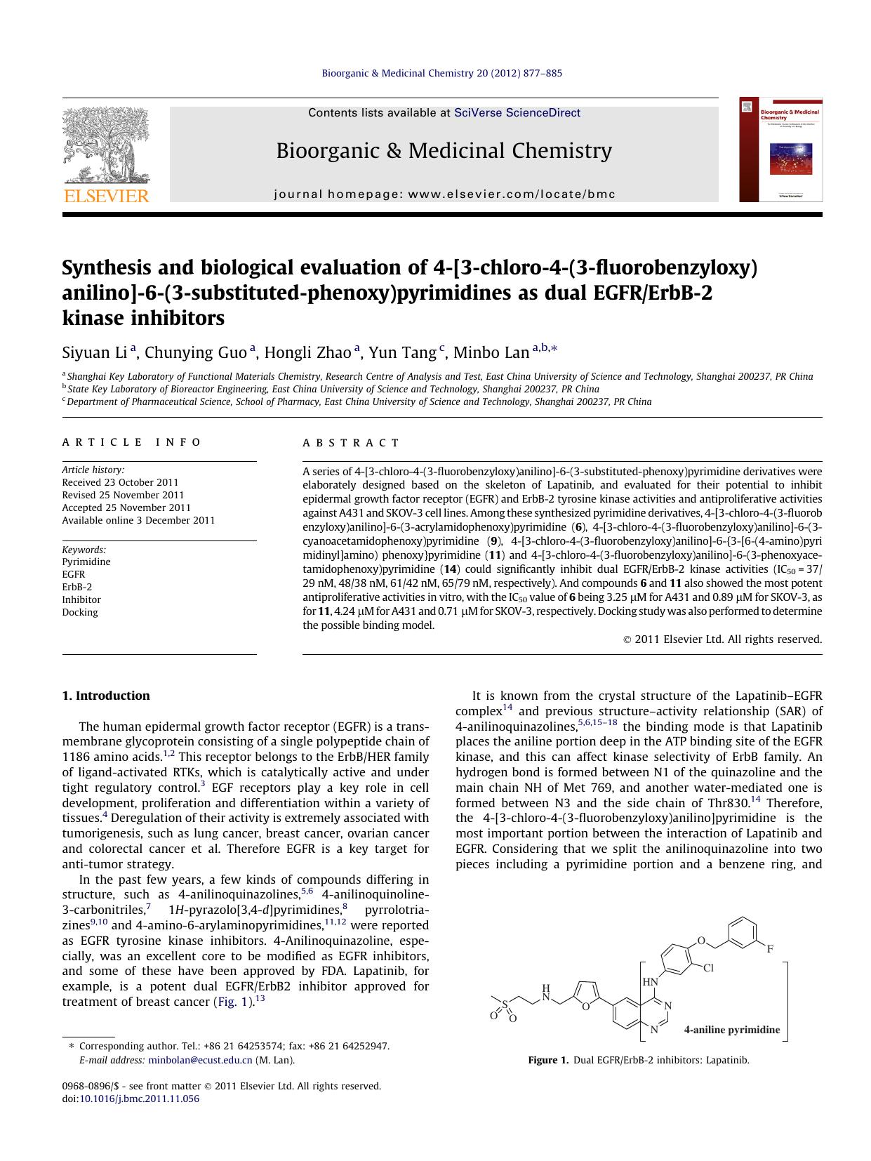 Synthesis and biological evaluation of 4-[3-chloro-4-(3-fluorobenzyloxy)anilino]-6-(3-substituted-phenoxy)pyrimidines as dual EGFRErbB-2 kinase inhibitors by Siyuan Li & Chunying Guo & Hongli Zhao & Yun Tang & Minbo Lan