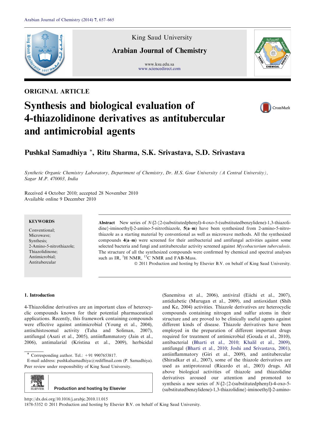 Synthesis and biological evaluation of 4-thiazolidinone derivatives as antitubercular and antimicrobial agents by Pushkal Samadhiya & Ritu Sharma & S.K. Srivastava & S.D. Srivastava