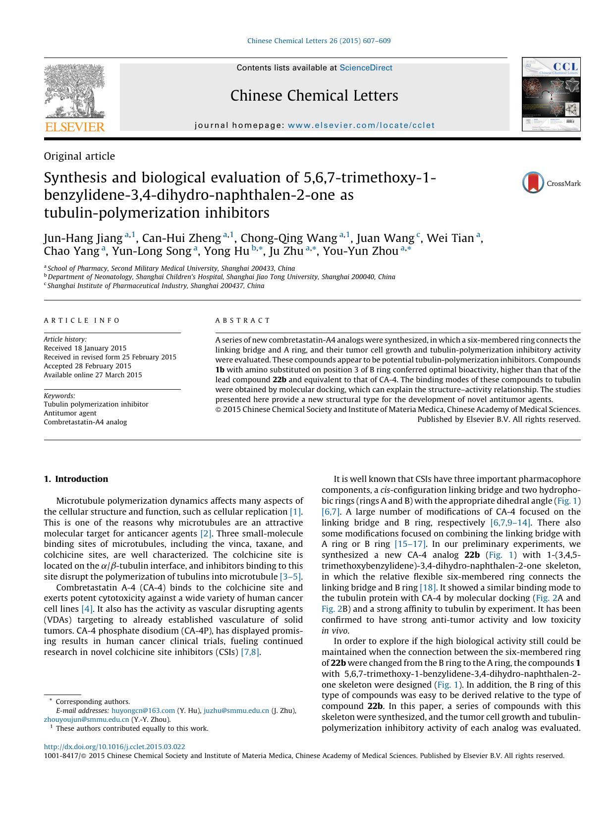 Synthesis and biological evaluation of 5,6,7-trimethoxy-1-benzylidene-3,4-dihydro-naphthalen-2-one as tubulin-polymerization inhibitors by unknow