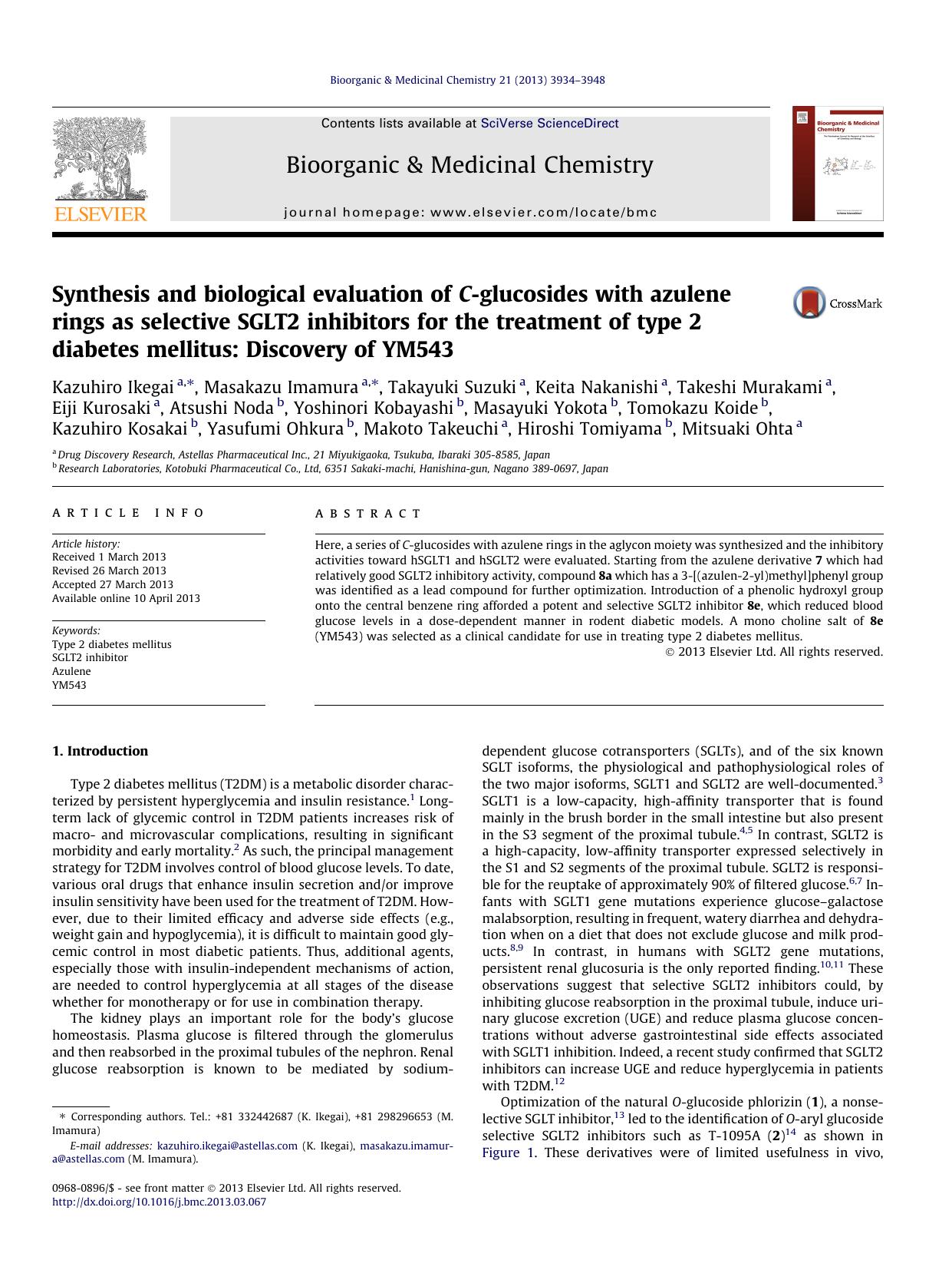 Synthesis and biological evaluation of C-glucosides with azulene rings as selective SGLT2 inhibitors for the treatment of type 2 diabetes mellitus: Discovery of YM543 by unknow