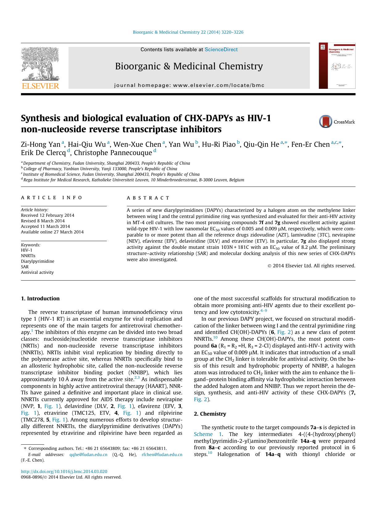 Synthesis and biological evaluation of CHX-DAPYs as HIV-1 non-nucleoside reverse transcriptase inhibitors by unknow