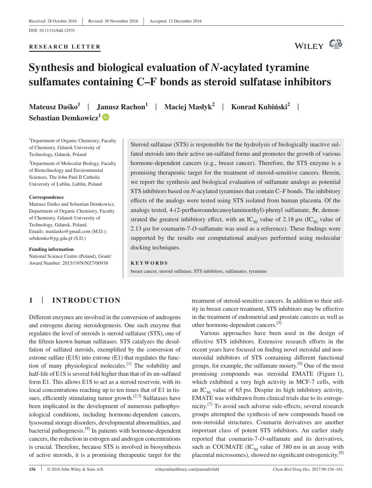 Synthesis and biological evaluation of N‐acylated tyramine sulfamates containing C–F bonds as steroid sulfatase inhibitors by unknow
