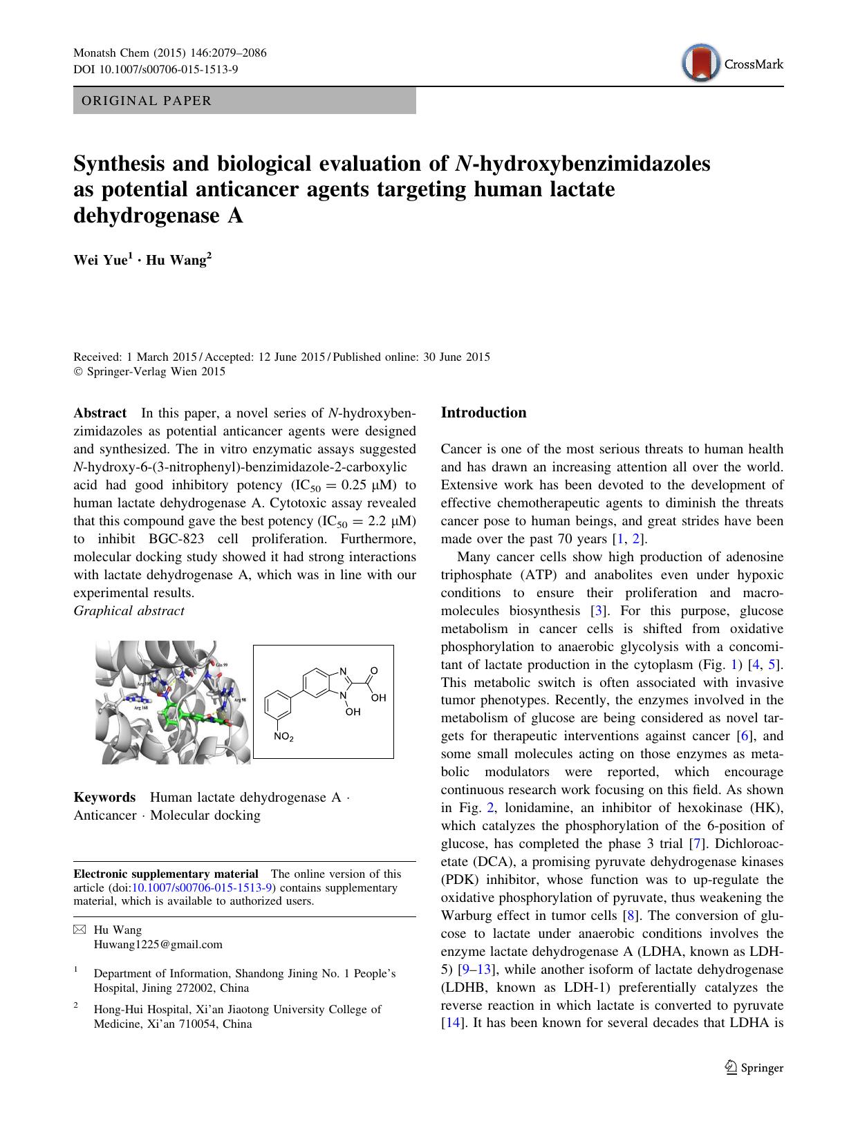 Synthesis and biological evaluation of N-hydroxybenzimidazoles as potential anticancer agents targeting human lactate dehydrogenase A by Wei Yue & Hu Wang