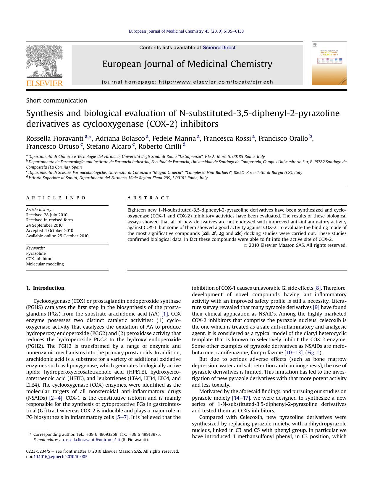 Synthesis and biological evaluation of N-substituted-3,5-diphenyl-2-pyrazoline derivatives as cyclooxygenase (COX-2) inhibitors by unknow
