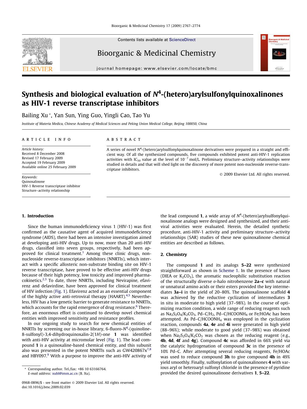 Synthesis and biological evaluation of N4-(hetero)arylsulfonylquinoxalinones as HIV-1 reverse transcriptase inhibitors by Bailing Xu; Yan Sun; Ying Guo; Yingli Cao; Tao Yu