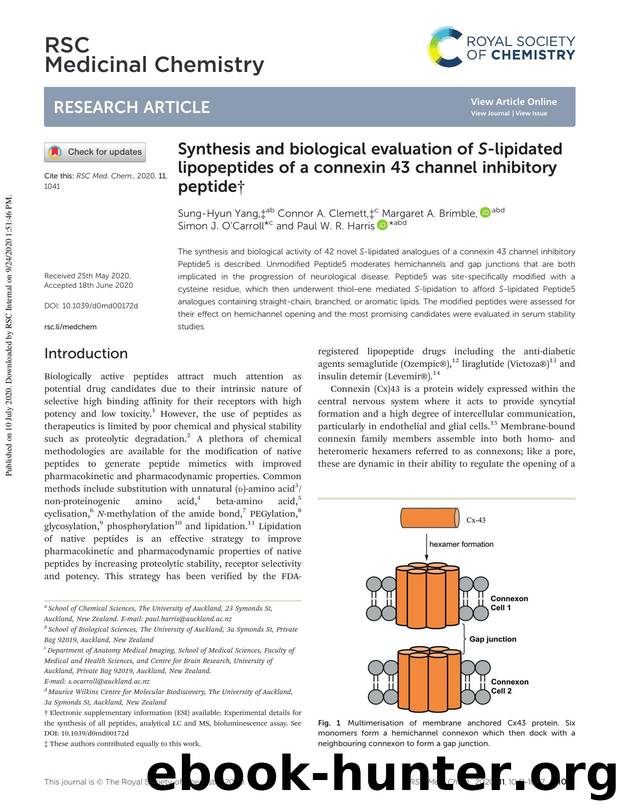 Synthesis and biological evaluation of S-lipidated lipopeptides of a connexin 43 channel inhibitory peptide by Sung-Hyun Yang & Connor A. Clemett & Margaret A. Brimble & Simon J. O'Carroll & Paul W. R. Harris