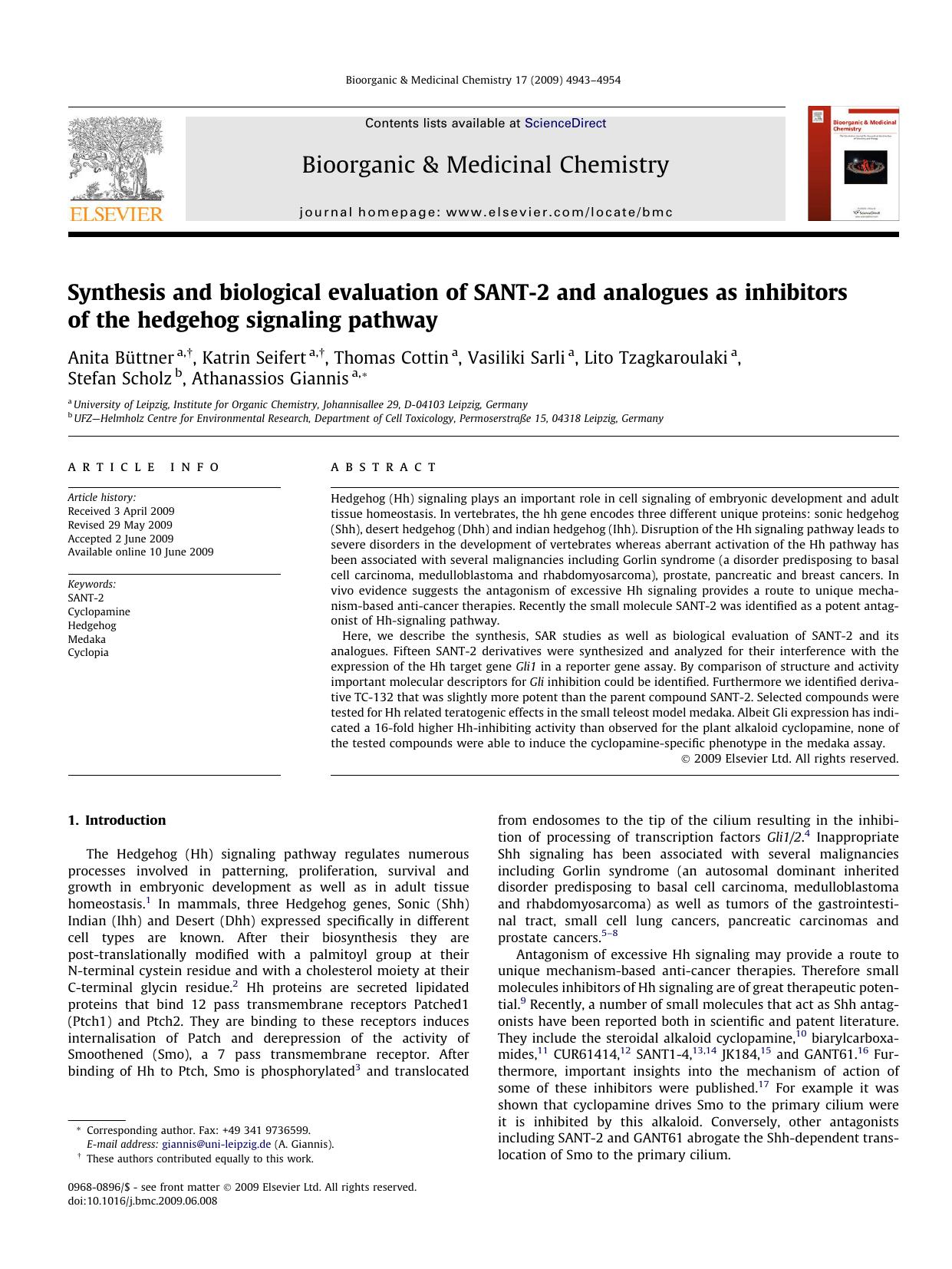 Synthesis and biological evaluation of SANT-2 and analogues as inhibitors of the hedgehog signaling pathway by unknow