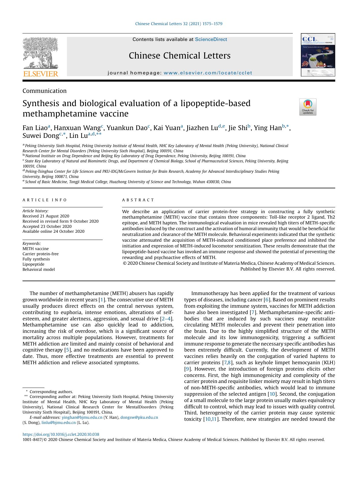 Synthesis and biological evaluation of a lipopeptide-based methamphetamine vaccine by Fan Liao