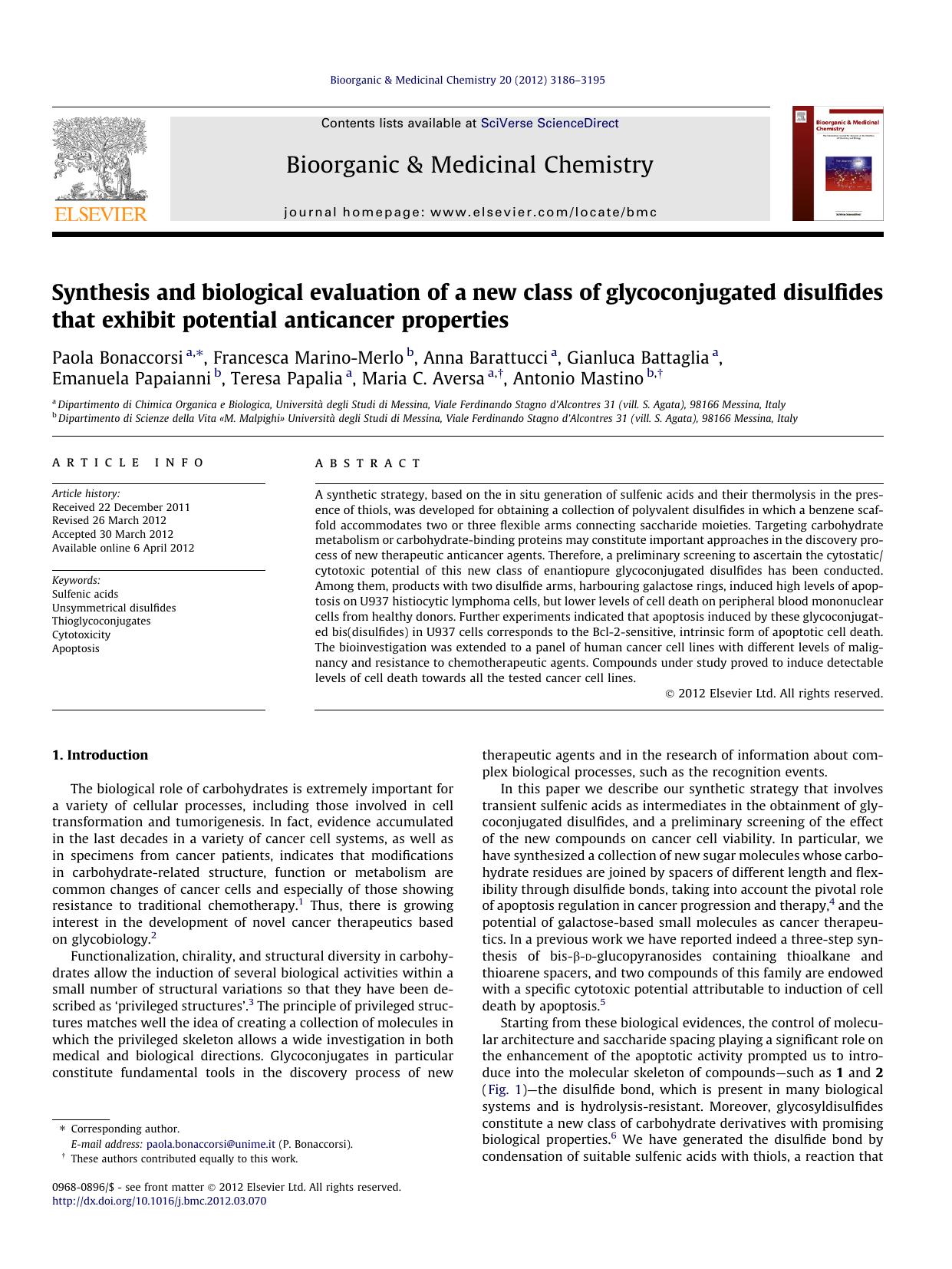 Synthesis and biological evaluation of a new class of glycoconjugated disulfides that exhibit potential anticancer properties by unknow