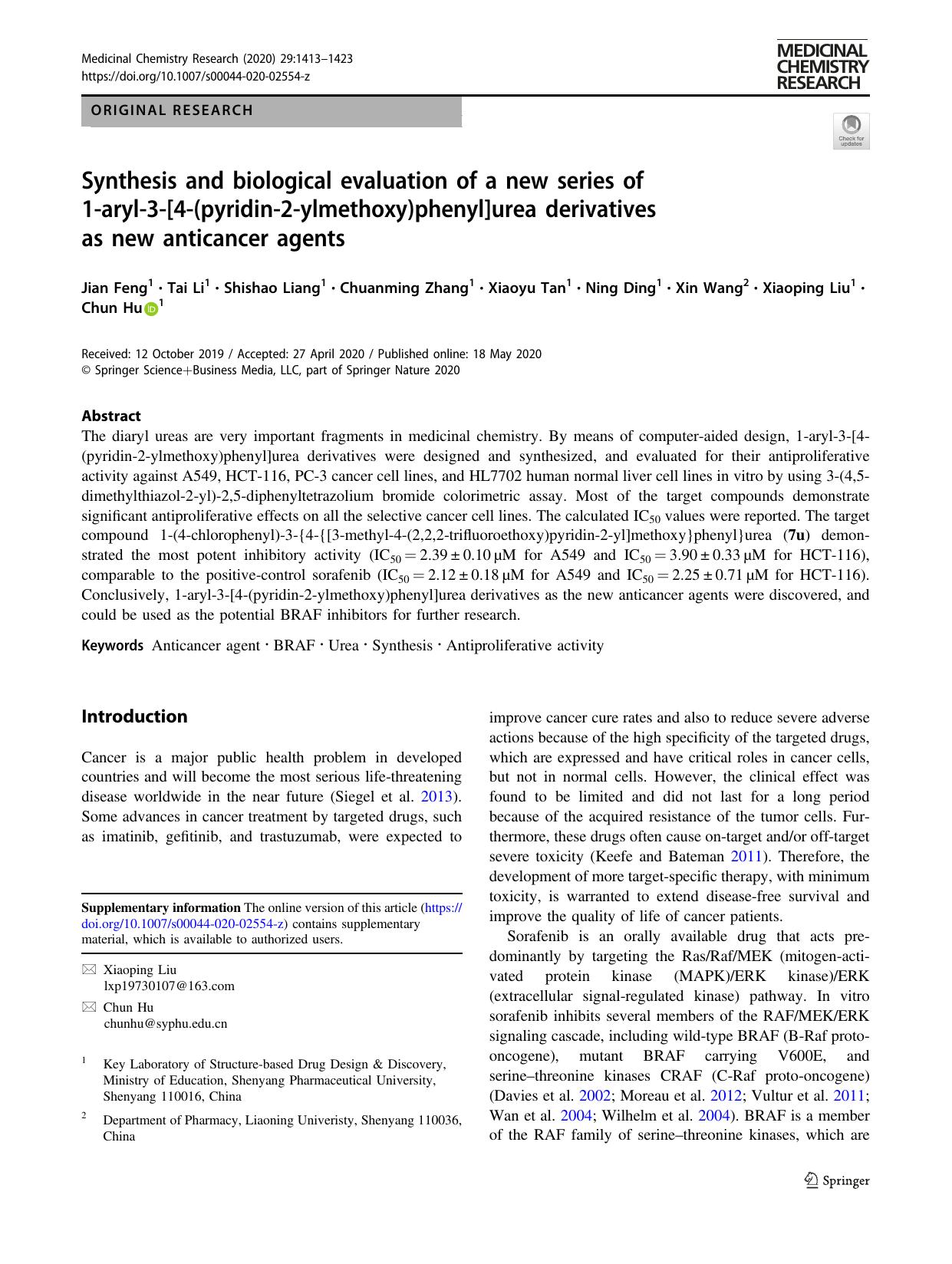 Synthesis and biological evaluation of a new series of 1-aryl-3-[4-(pyridin-2-ylmethoxy)phenyl]urea derivatives as new anticancer agents by unknow