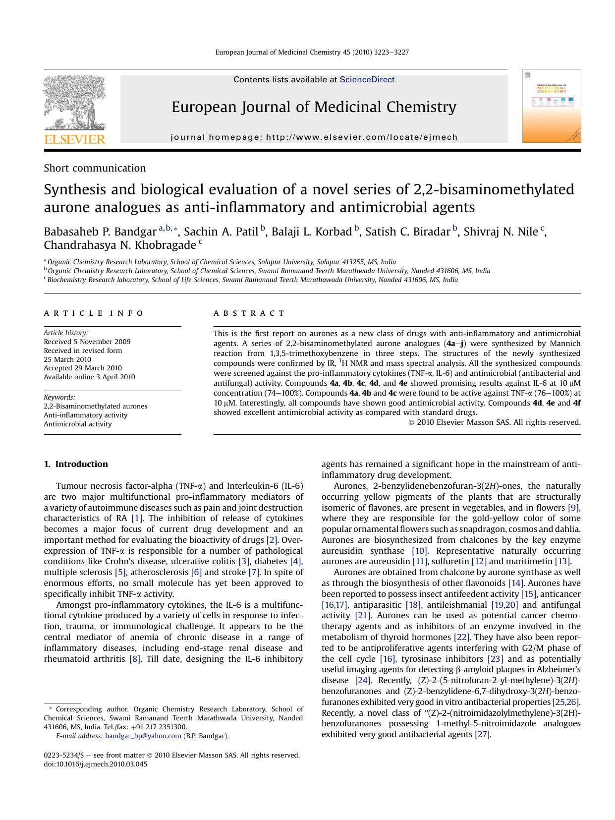 Synthesis and biological evaluation of a novel series of 2,2-bisaminomethylated aurone analogues as anti-inflammatory and antimicrobial agents by unknow