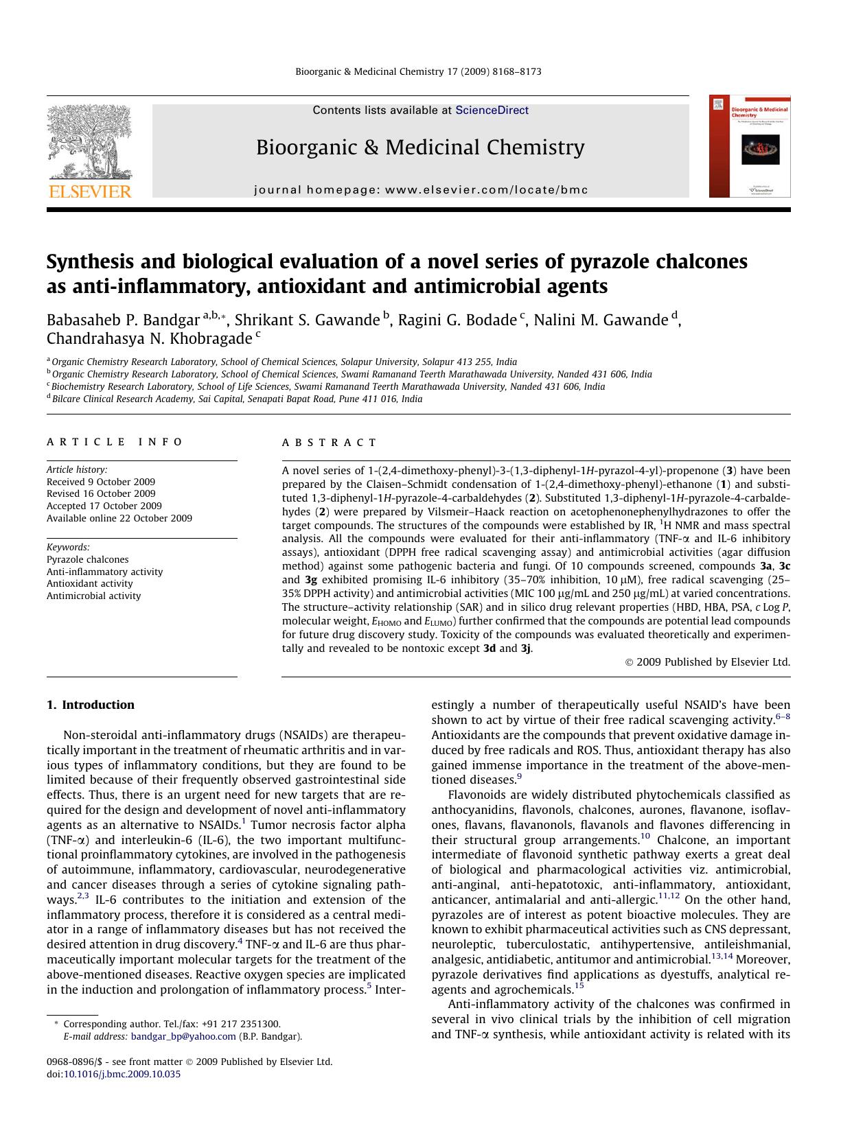 Synthesis and biological evaluation of a novel series of pyrazole chalcones as anti-inflammatory, antioxidant and antimicrobial agents by unknow