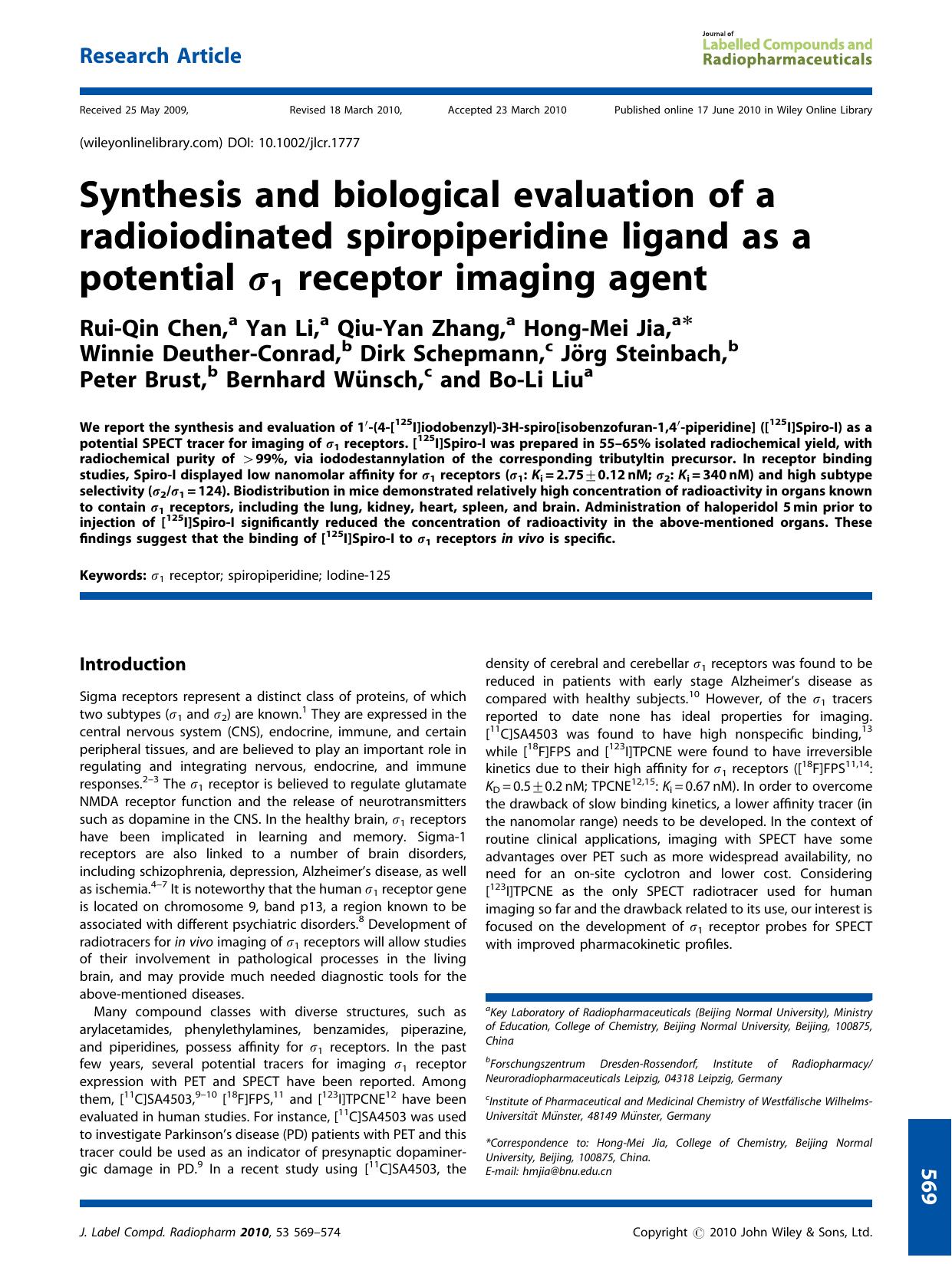 Synthesis and biological evaluation of a radioiodinated spiropiperidine ligand as a potential 1 receptor imaging agent by Unknown