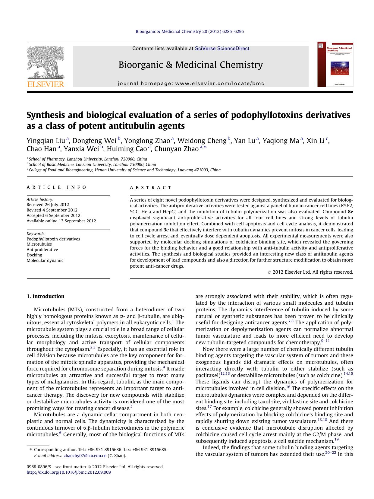 Synthesis and biological evaluation of a series of podophyllotoxins derivatives as a class of potent antitubulin agents by unknow