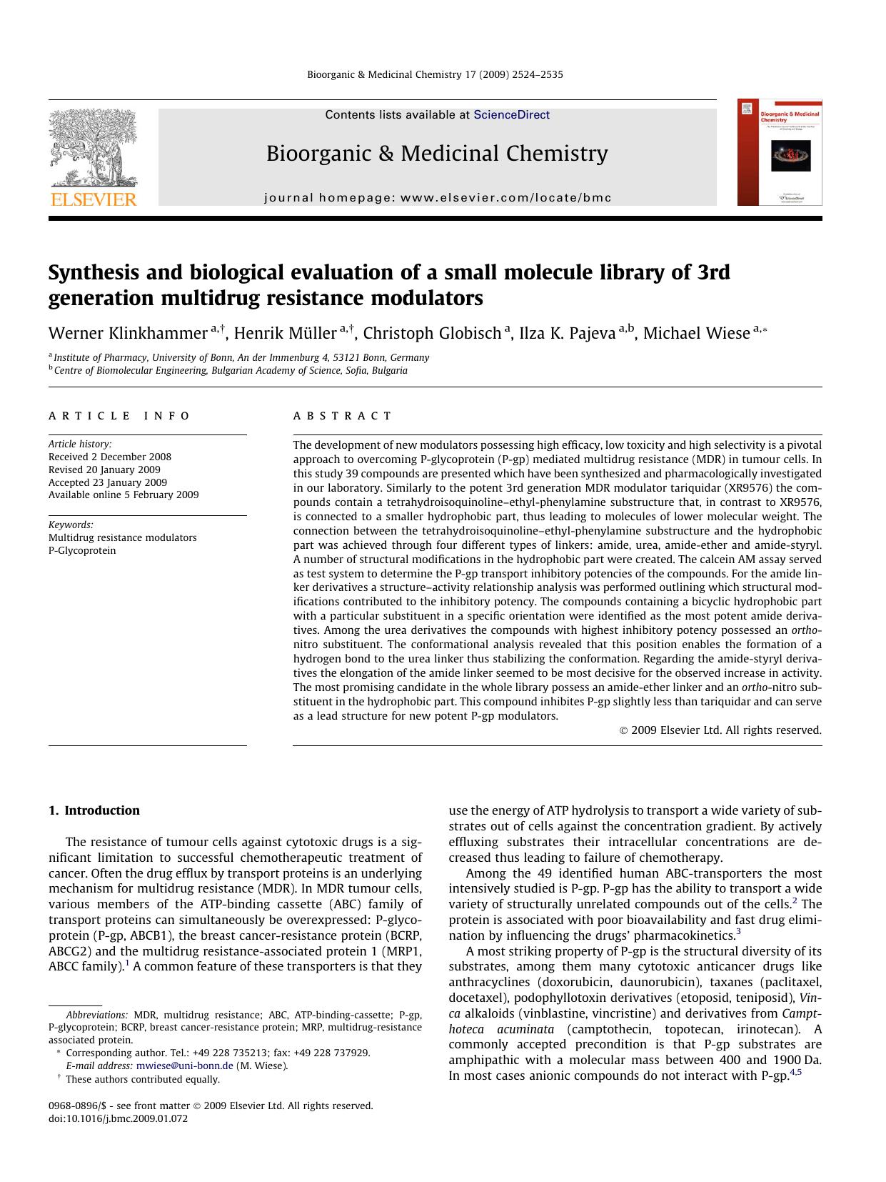 Synthesis and biological evaluation of a small molecule library of 3rd generation multidrug resistance modulators by Werner Klinkhammer; Henrik Müller; Christoph Globisch; Ilza K. Pajeva; Michael Wiese