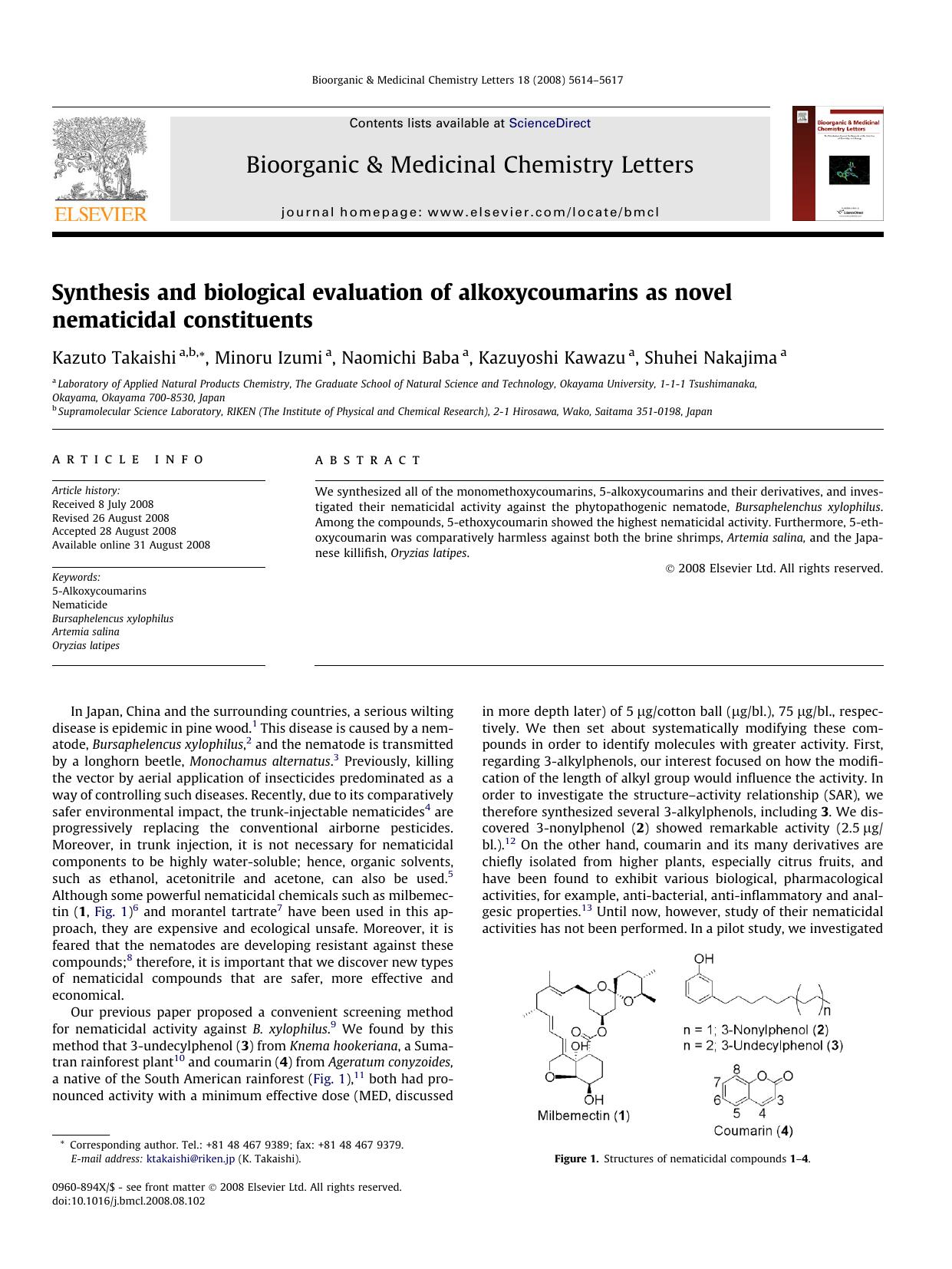 Synthesis and biological evaluation of alkoxycoumarins as novel nematicidal constituents by Kazuto Takaishi; Minoru Izumi; Naomichi Baba; Kazuyoshi Kawazu; Shuhei Nakajima