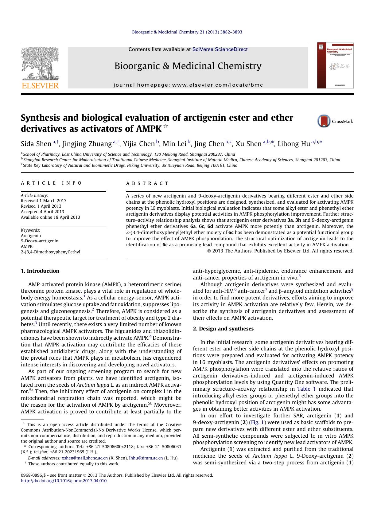 Synthesis and biological evaluation of arctigenin ester and ether derivatives as activators of AMPK by Sida Shen & Jingjing Zhuang & Yijia Chen & Min Lei & Jing Chen & Xu Shen & Lihong Hu