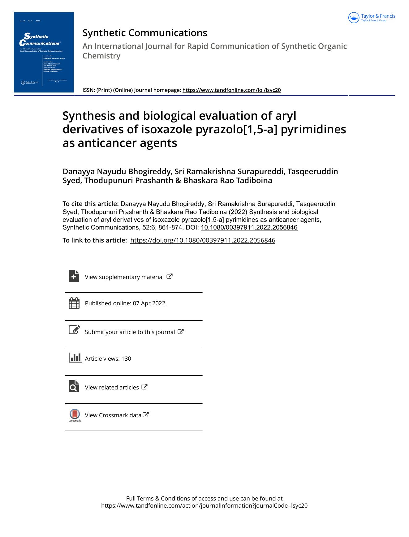 Synthesis and biological evaluation of aryl derivatives of isoxazole pyrazolo[1,5-a] pyrimidines as anticancer agents by unknow