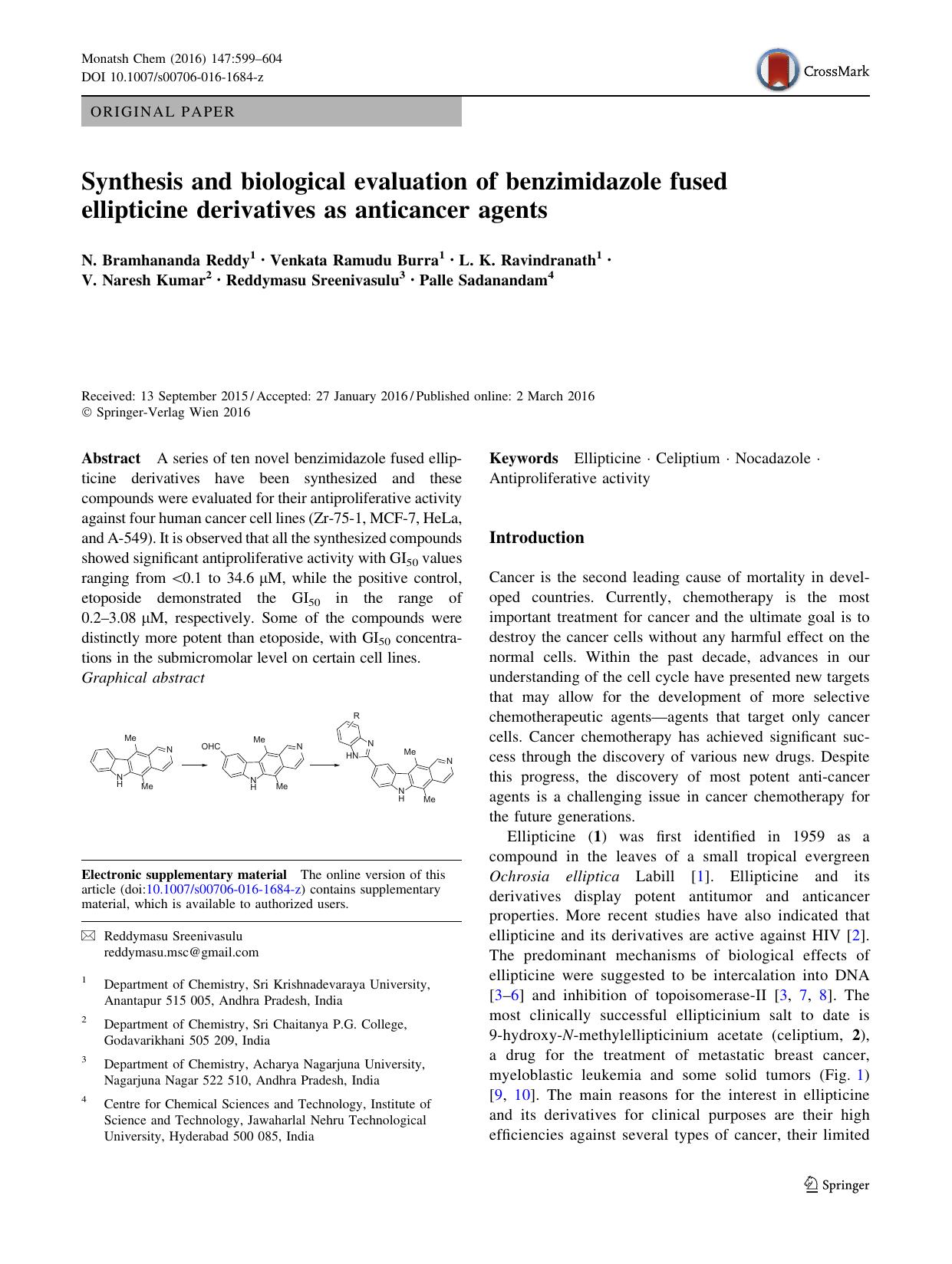 Synthesis and biological evaluation of benzimidazole fused ellipticine derivatives as anticancer agents by unknow