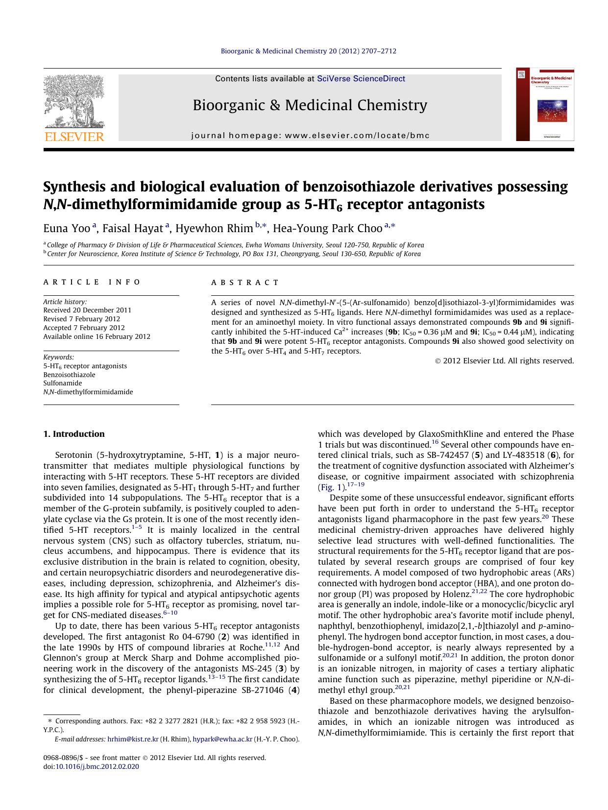 Synthesis and biological evaluation of benzoisothiazole derivatives possessing N,N-dimethylformimidamide group as 5-HT6 receptor antagonists by Euna Yoo & Faisal Hayat & Hyewhon Rhim & Hea-Young Park Choo