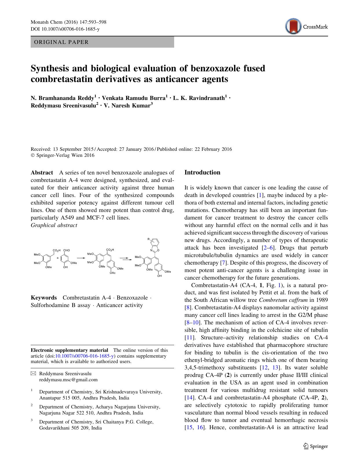 Synthesis and biological evaluation of benzoxazole fused combretastatin derivatives as anticancer agents by unknow