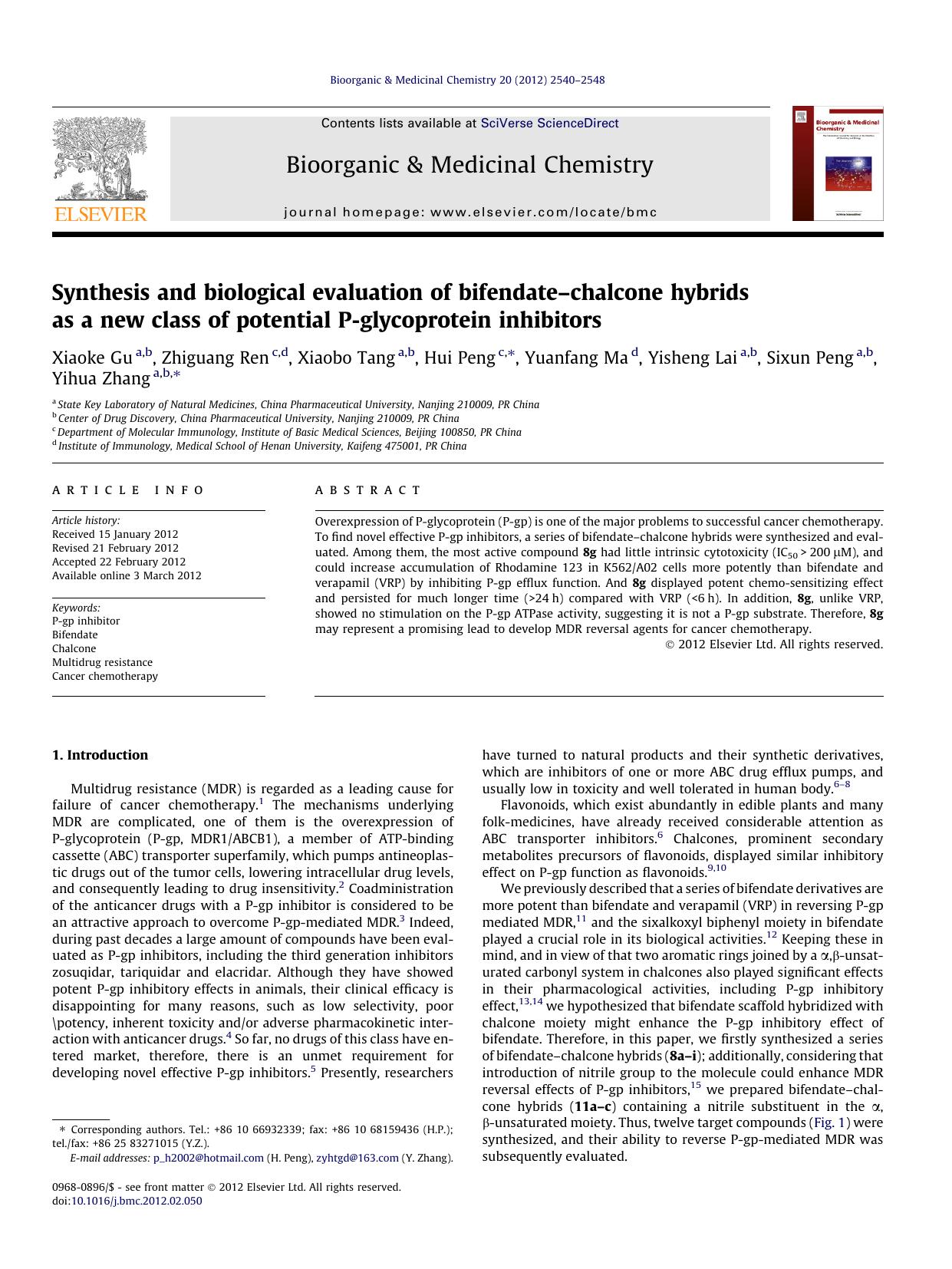 Synthesis and biological evaluation of bifendateÃ¢â¬âchalcone hybrids as a new class of potential P-glycoprotein inhibitors by unknow