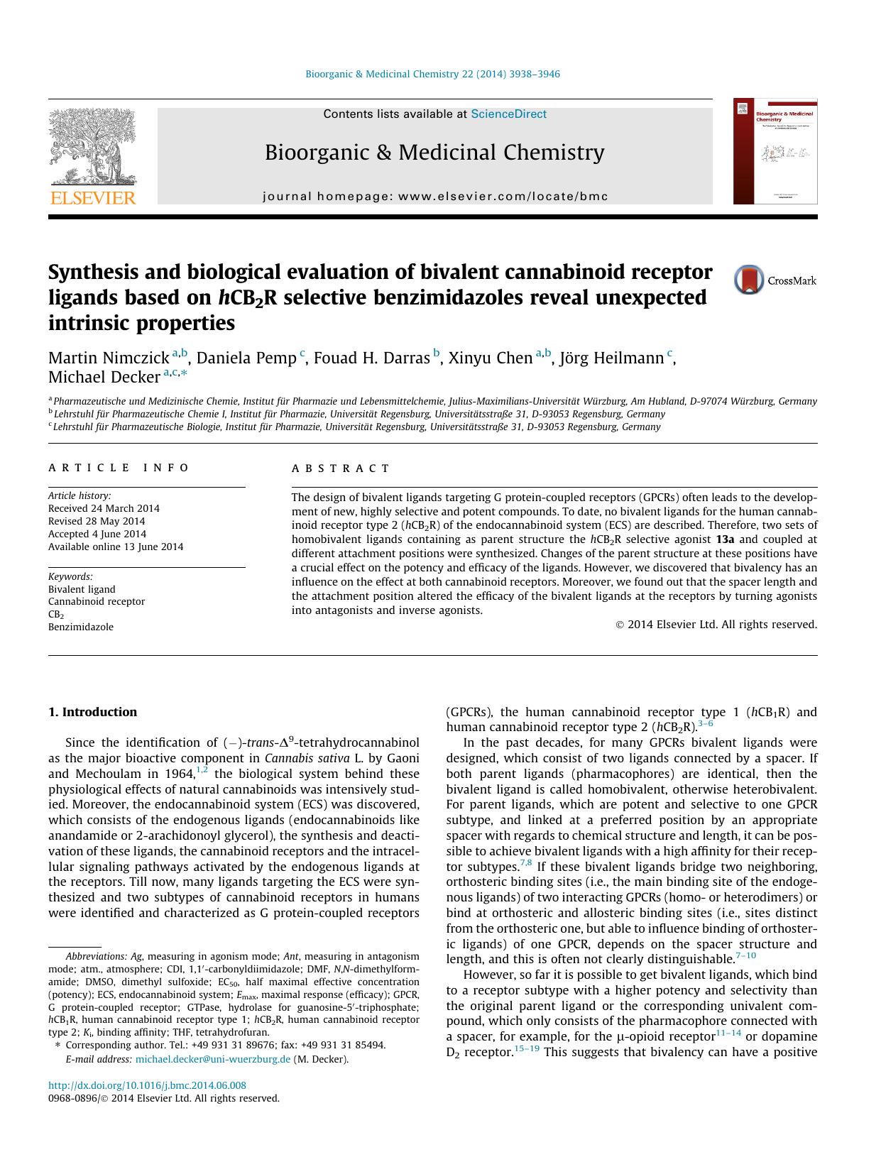 Synthesis and biological evaluation of bivalent cannabinoid receptor ligands based on hCB2R selective benzimidazoles reveal unexpected intrinsic properties by Martin Nimczick & Daniela Pemp & Fouad H. Darras & Xinyu Chen & Jörg Heilmann & Michael Decker