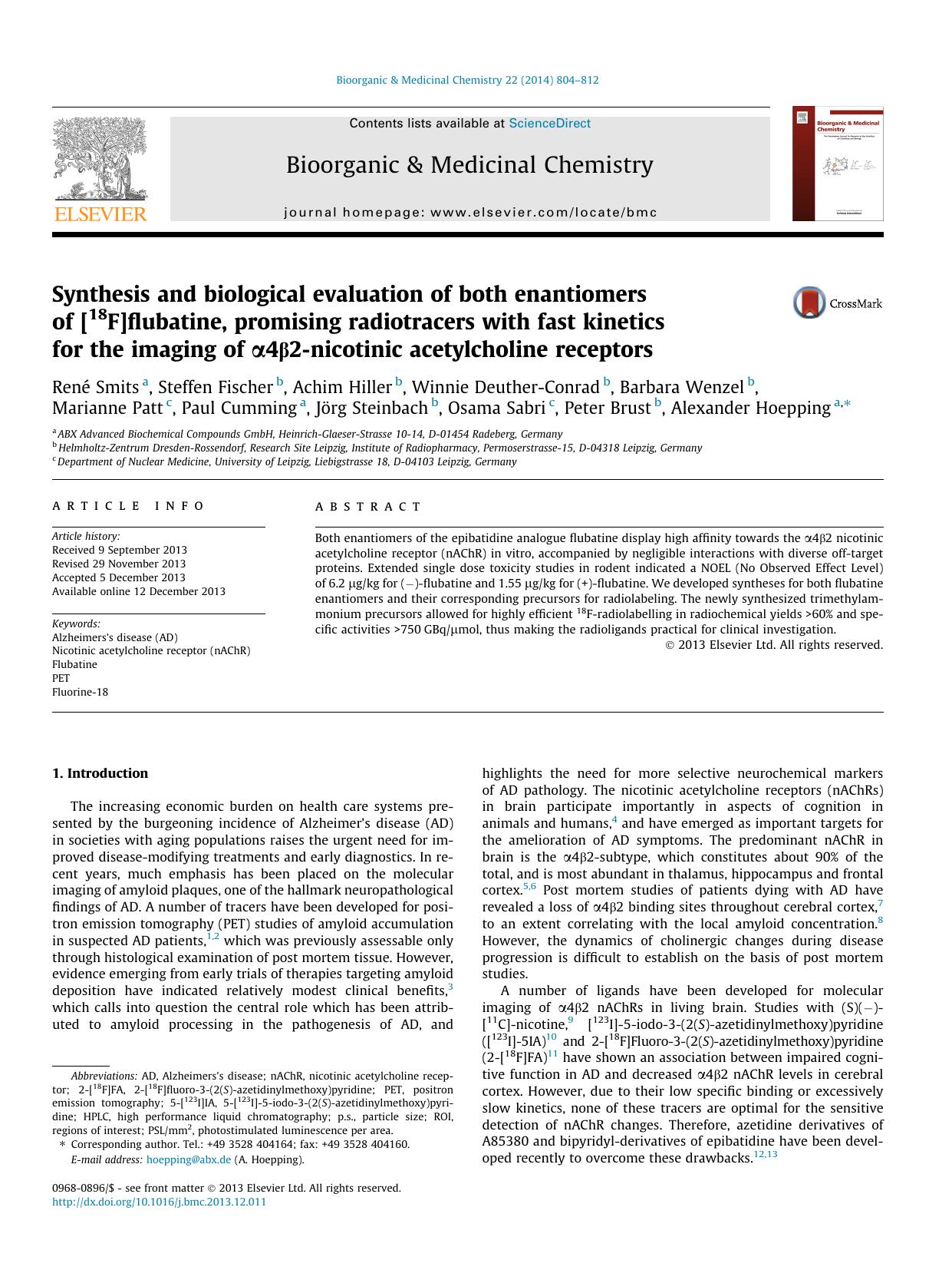 Synthesis and biological evaluation of both enantiomers of [18F]flubatine, promising radiotracers with fast kinetics for the imaging of ÃÂ±4ÃÂ²2-nicotinic acetylcholine receptors by unknow