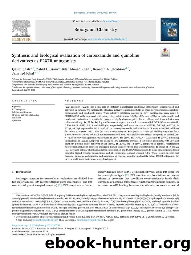 Synthesis and biological evaluation of carboxamide and quinoline derivatives as P2X7R antagonists by Qasim Shah & Zahid Hussain & Bilal Ahmad Khan & Kenneth A. Jacobson & Jamshed Iqbal