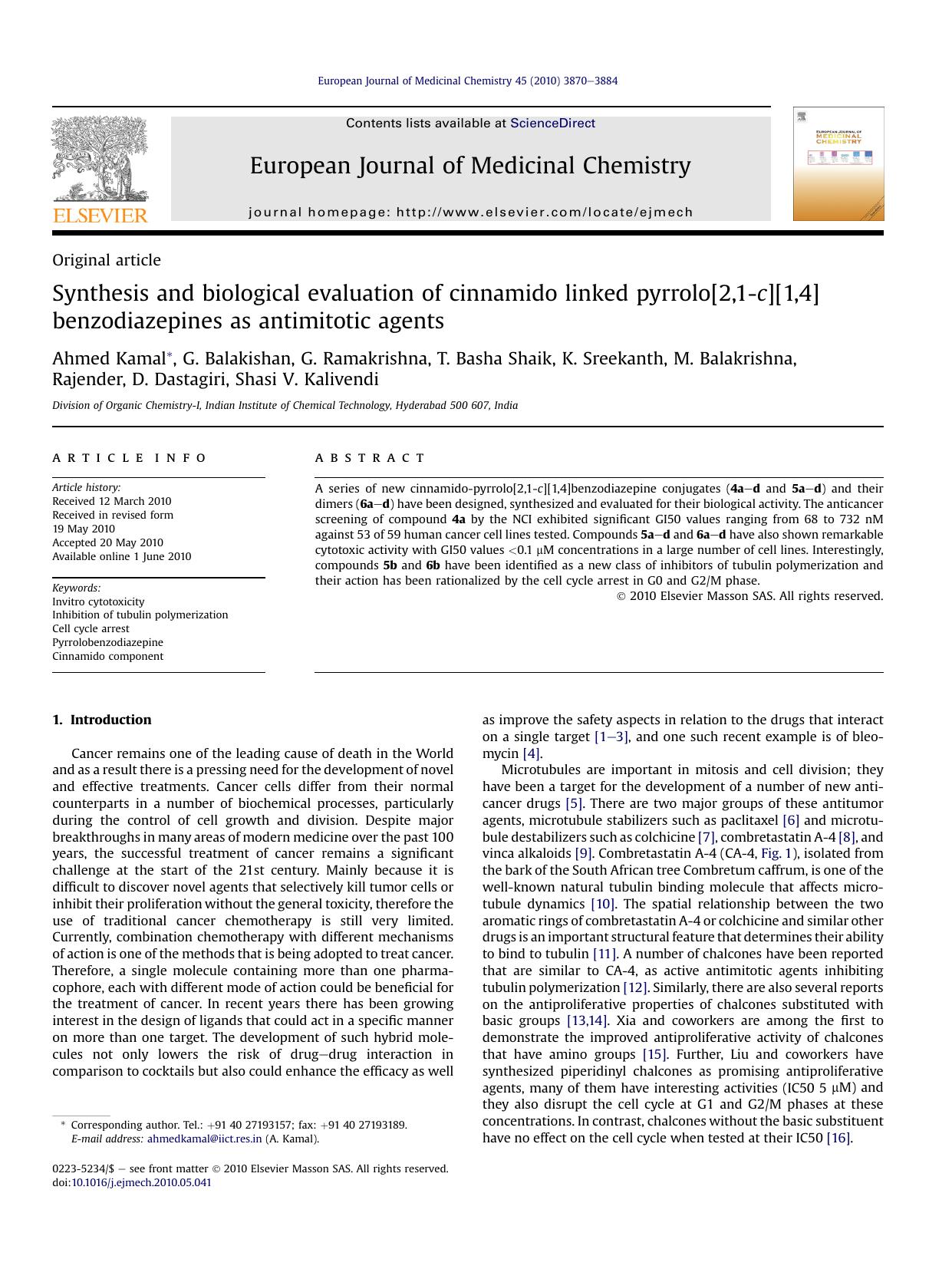 Synthesis and biological evaluation of cinnamido linked pyrrolo[2,1-c][1,4]benzodiazepines as antimitotic agents by unknow