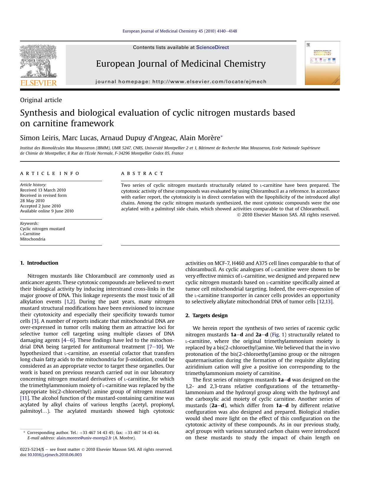 Synthesis and biological evaluation of cyclic nitrogen mustards based on carnitine framework by Simon Leiris & Marc Lucas & Arnaud Dupuy d’Angeac & Alain Morère