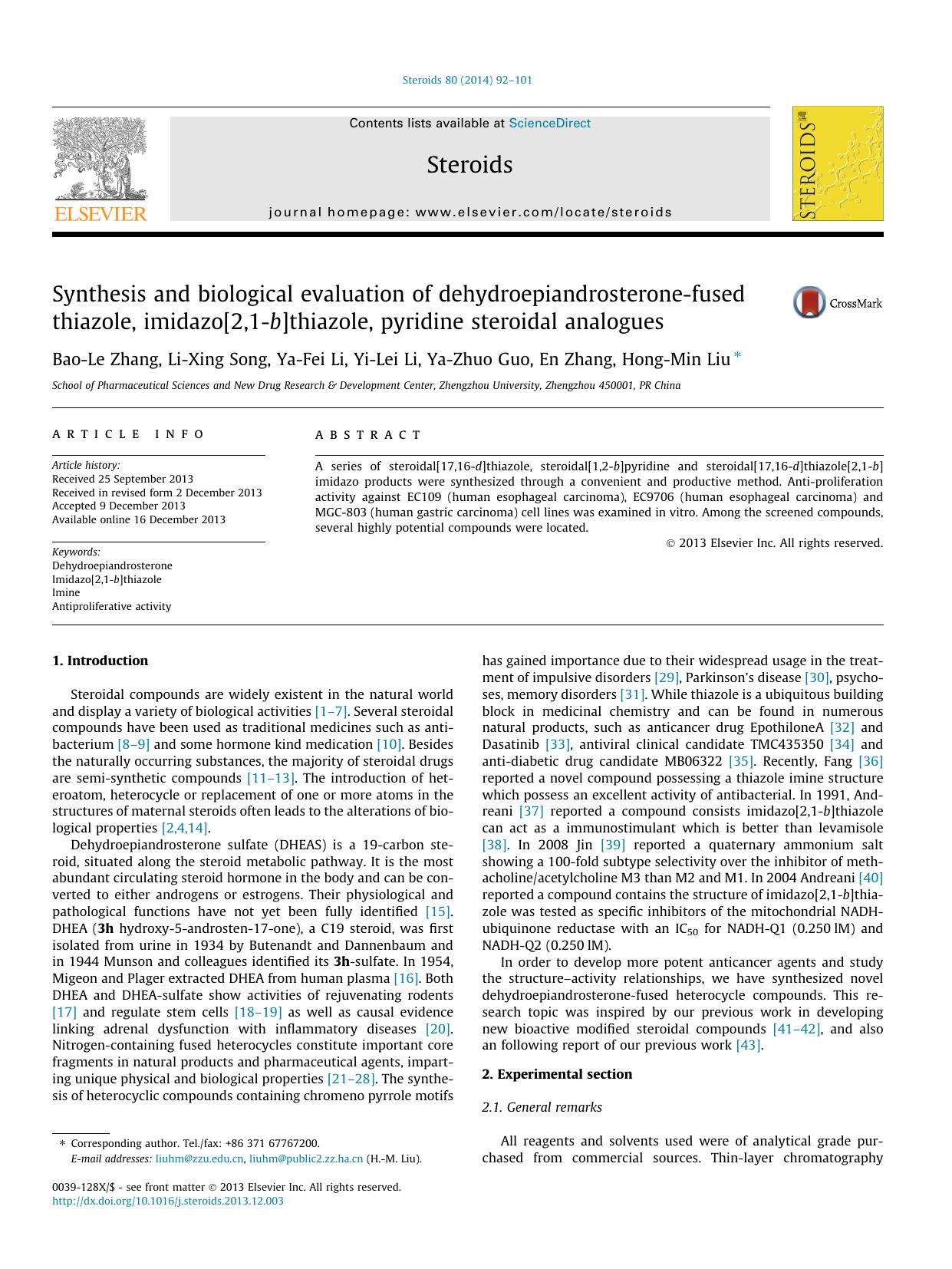 Synthesis and biological evaluation of dehydroepiandrosterone-fused thiazole, imidazo[2,1-b]thiazole, pyridine steroidal analogues by Bao-Le Zhang & Li-Xing Song & Ya-Fei Li & Yi-Lei Li & Ya-Zhuo Guo & En Zhang & Hong-Min Liu