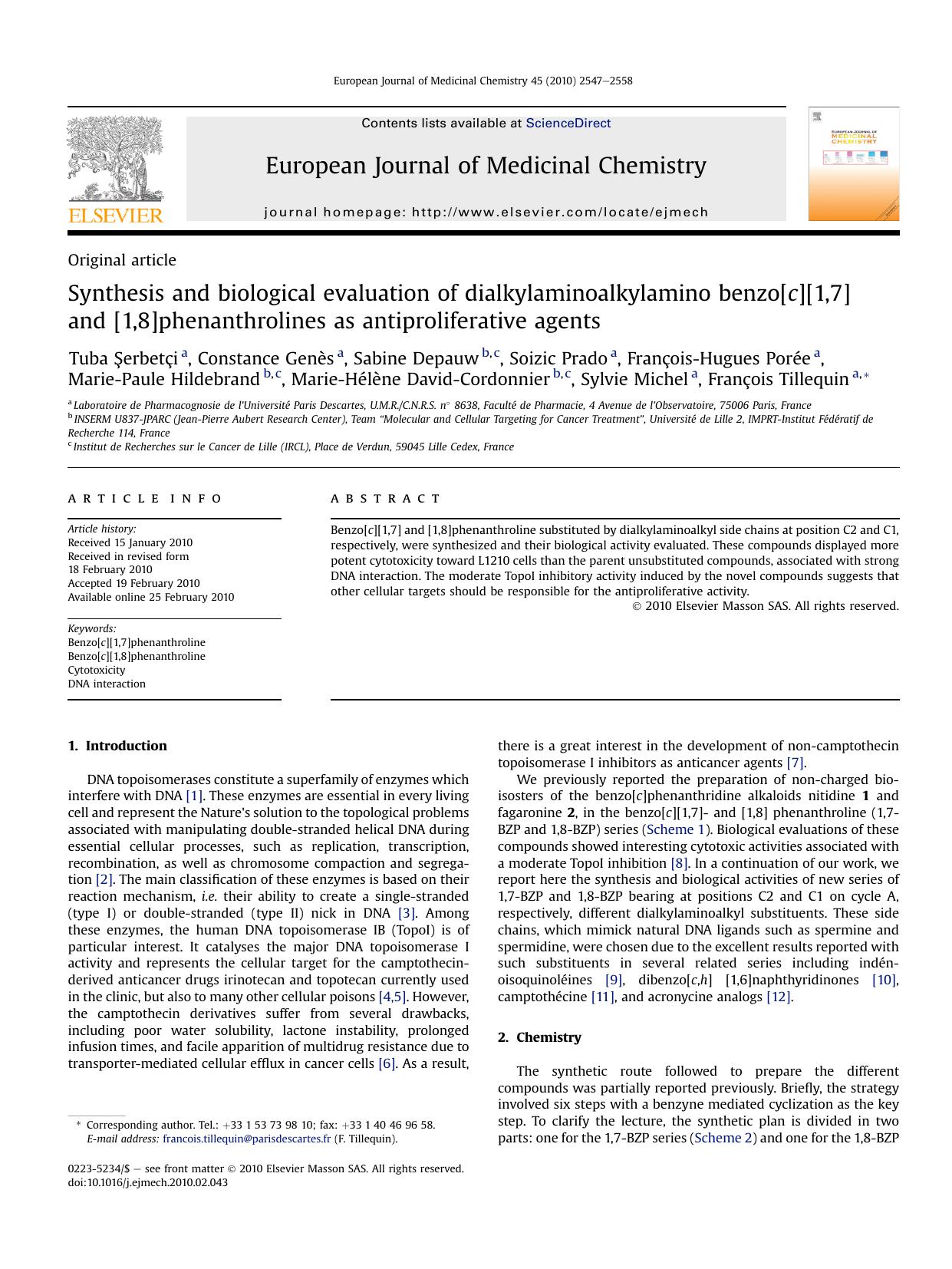 Synthesis and biological evaluation of dialkylaminoalkylamino benzo[c][1,7] and [1,8]phenanthrolines as antiproliferative agents by unknow