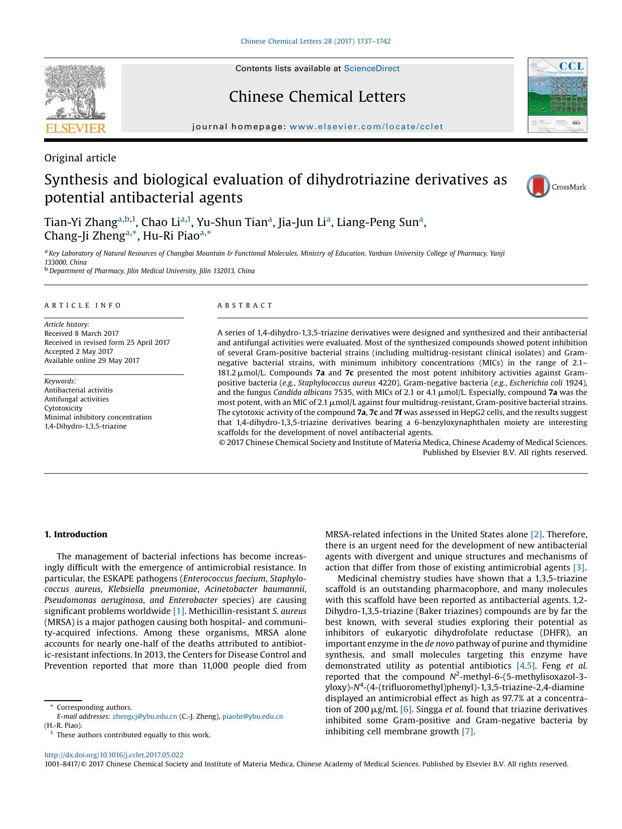 Synthesis and biological evaluation of dihydrotriazine derivatives as potential antibacterial agents by Tian-Yi Zhang