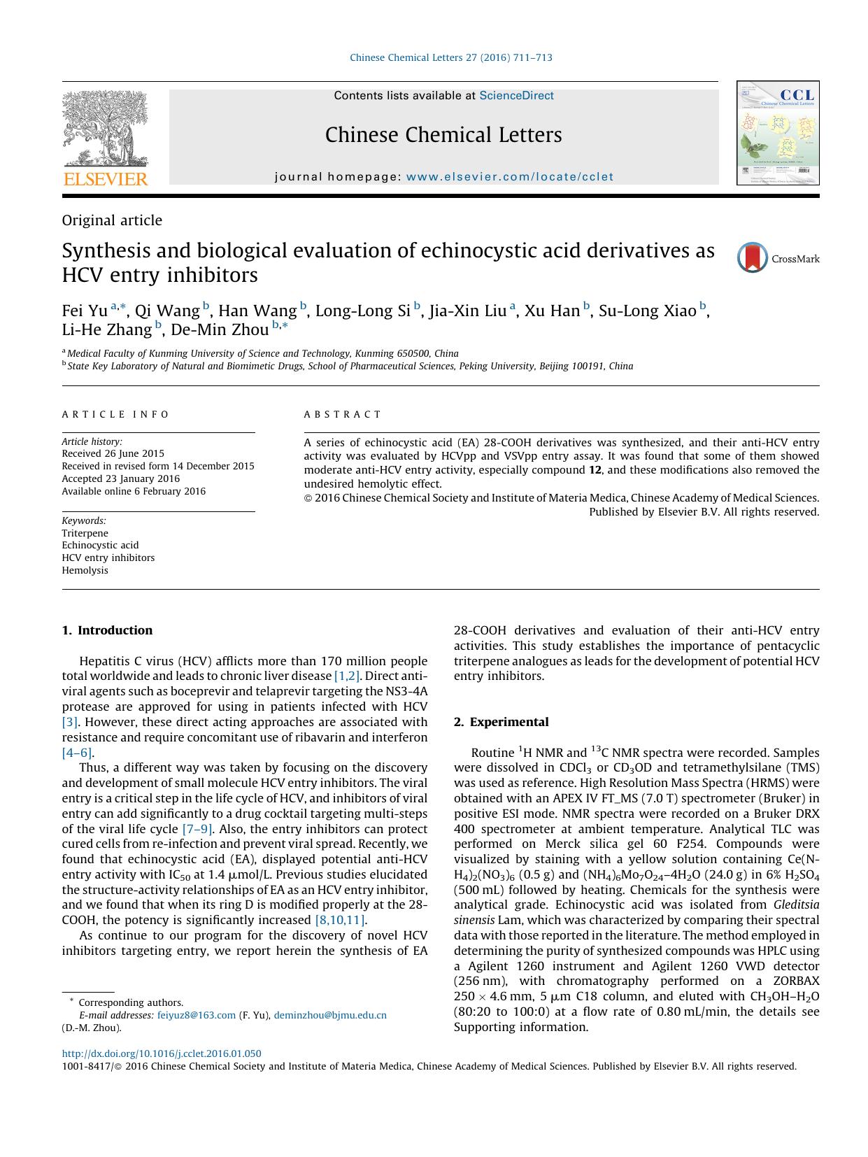 Synthesis and biological evaluation of echinocystic acid derivatives as HCV entry inhibitors by unknow