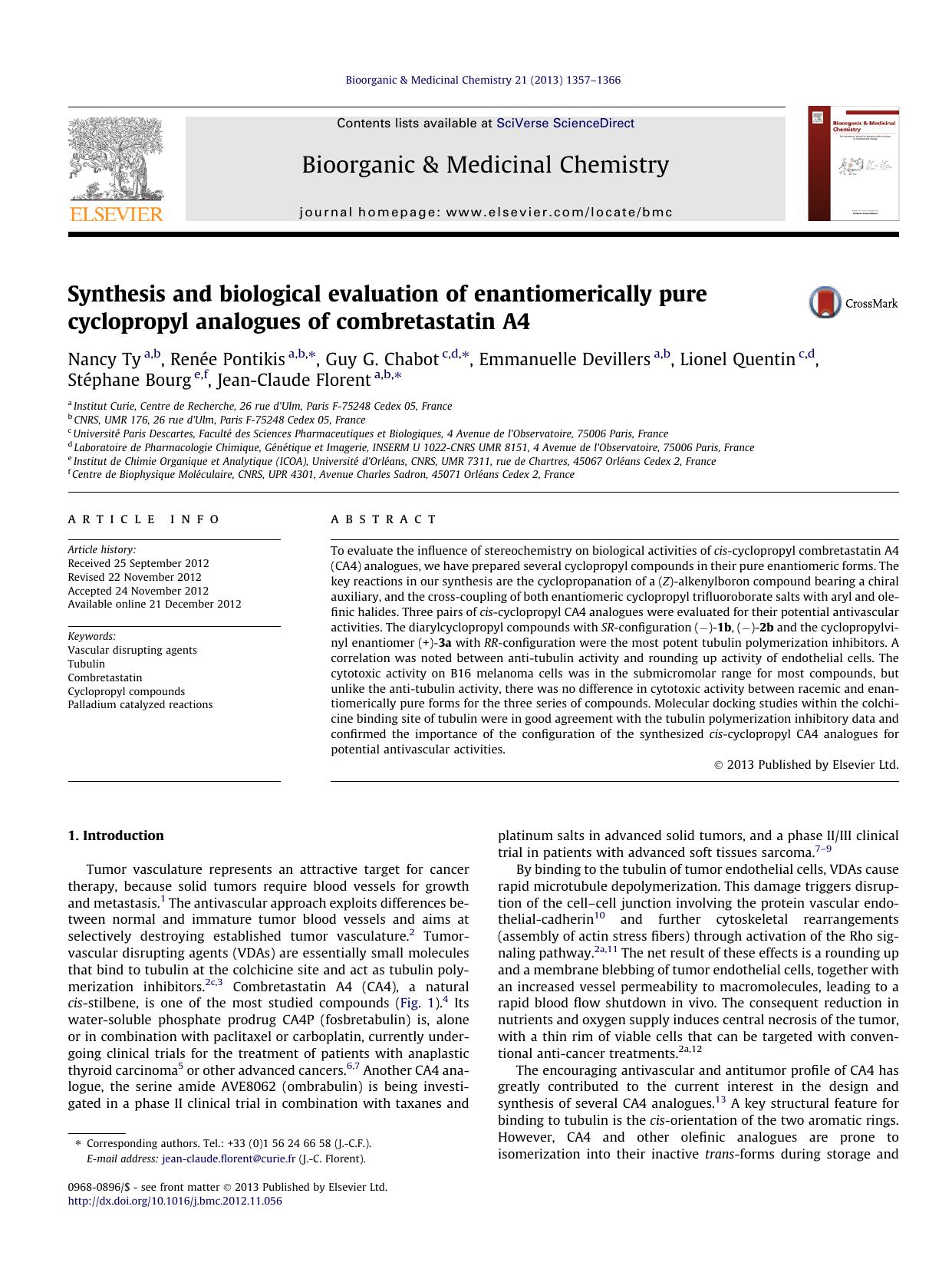 Synthesis and biological evaluation of enantiomerically pure cyclopropyl analogues of combretastatin A4 by unknow