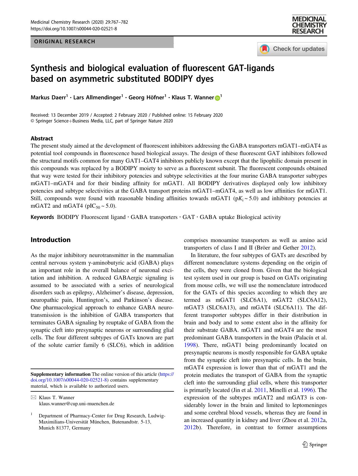 Synthesis and biological evaluation of fluorescent GAT-ligands based on asymmetric substituted BODIPY dyes by Markus Daerr & Lars Allmendinger & Georg Höfner & Klaus T. Wanner