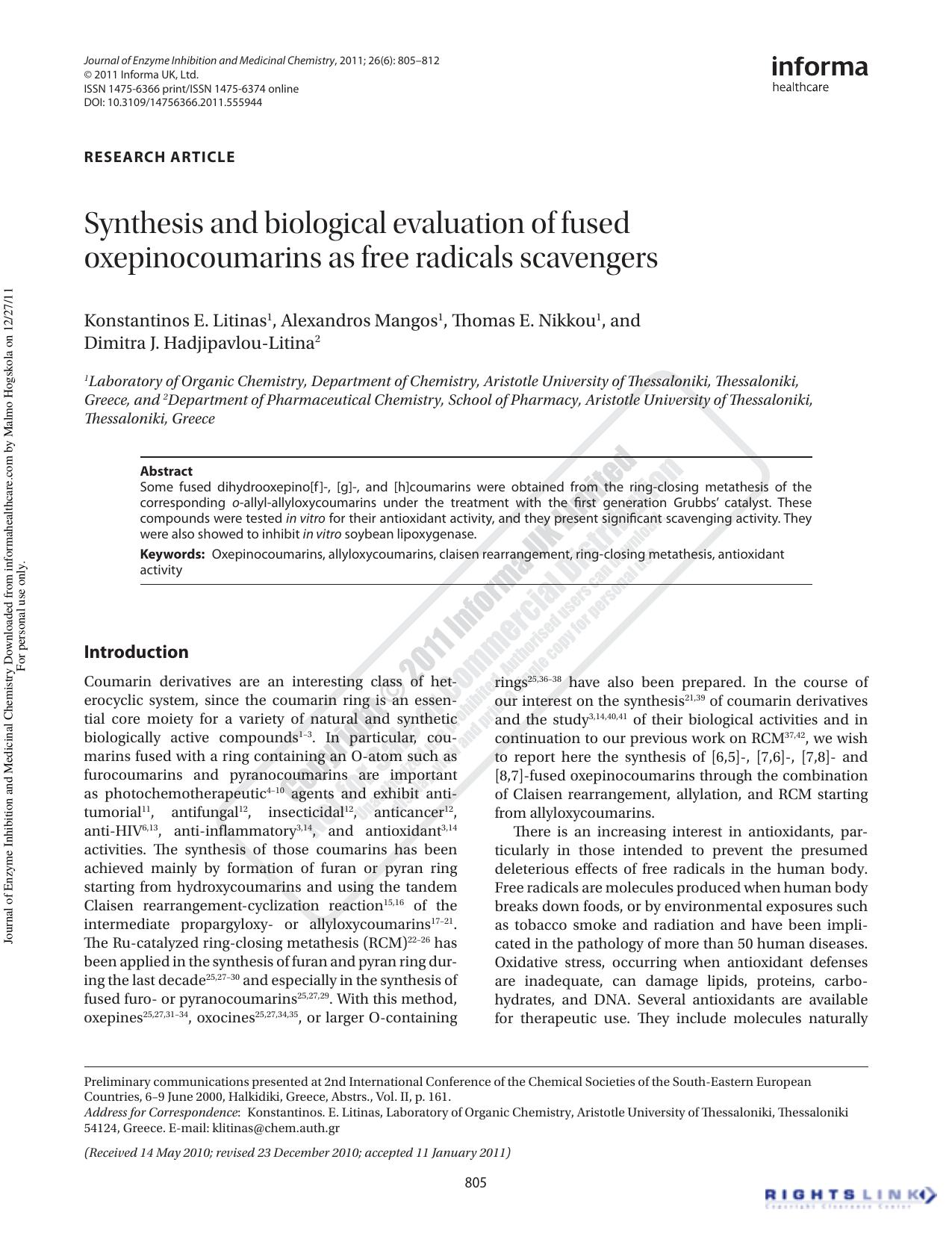 Synthesis and biological evaluation of fused oxepinocoumarins as free radicals scavengers by unknow