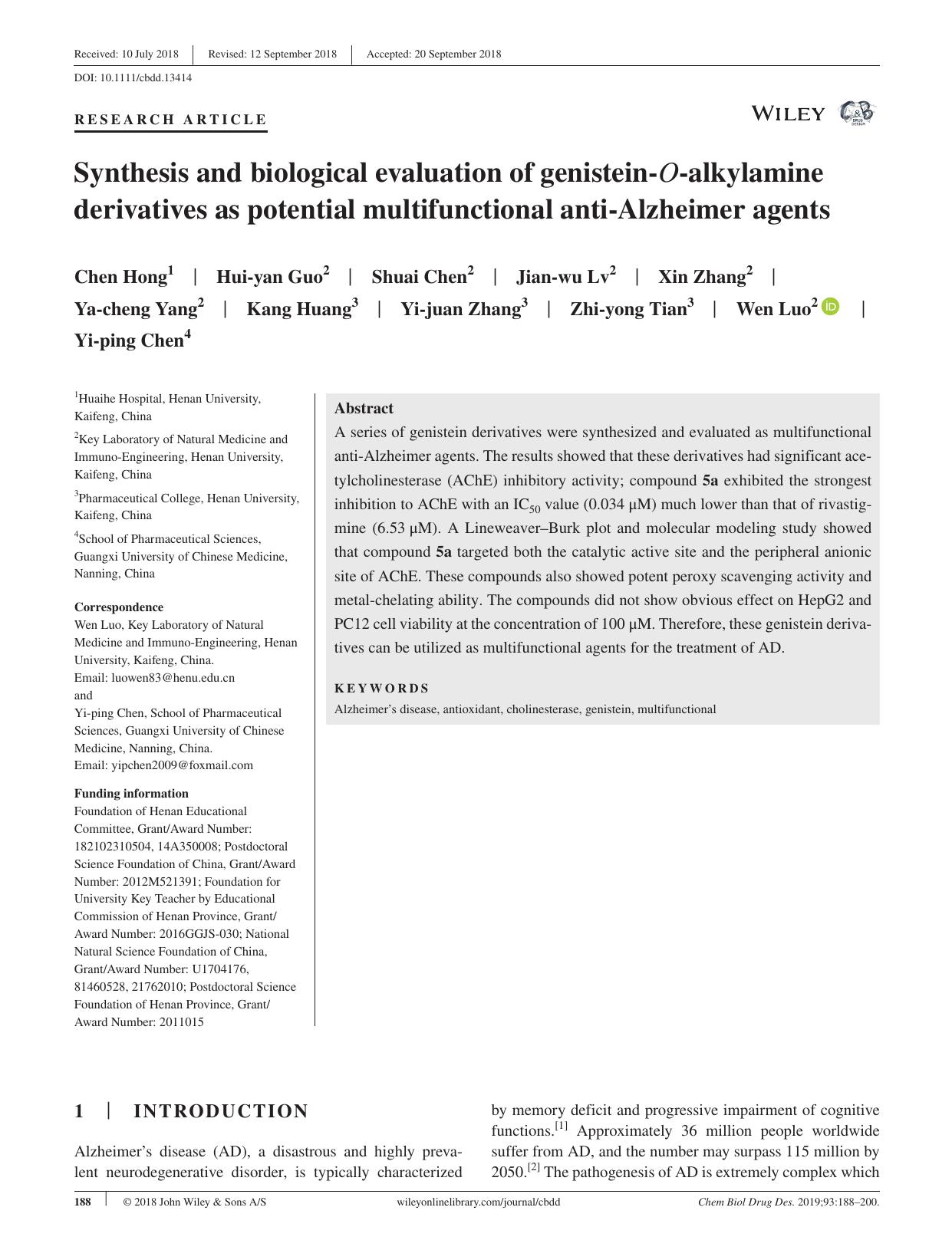 Synthesis and biological evaluation of genistein‐O‐alkylamine derivatives as potential multifunctional anti‐Alzheimer agents by unknow