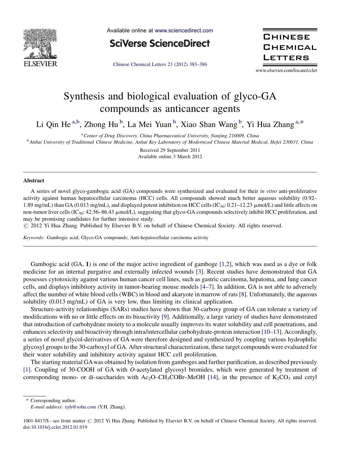 Synthesis and biological evaluation of glyco-GA compounds as anticancer agents by Li Qin He