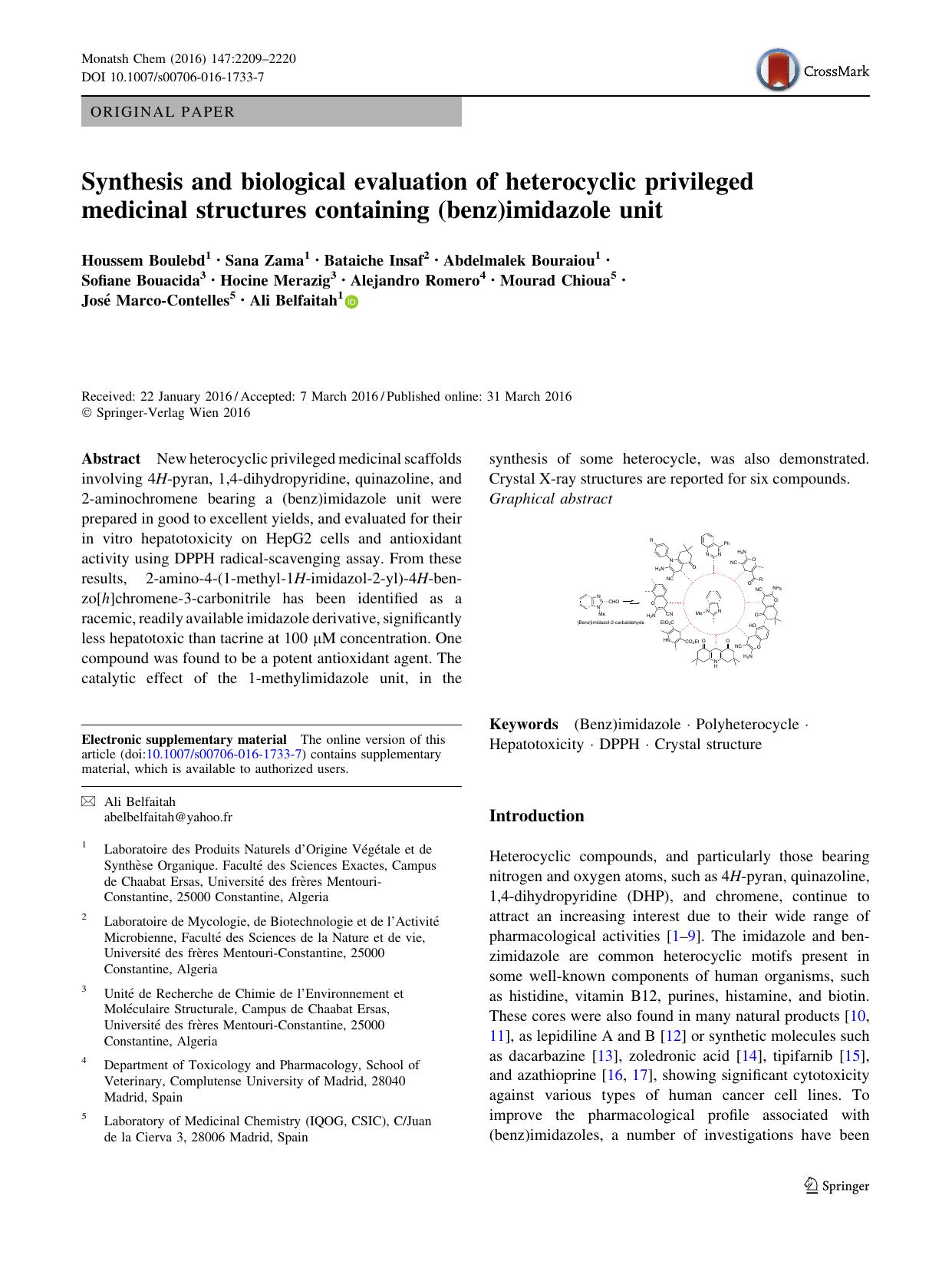 Synthesis and biological evaluation of heterocyclic privileged medicinal structures containing (benz)imidazole unit by unknow