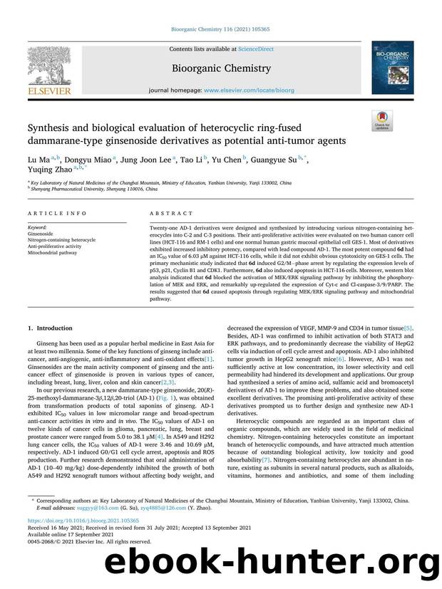 Synthesis and biological evaluation of heterocyclic ring-fused dammarane-type ginsenoside derivatives as potential anti-tumor agents by Lu Ma & Dongyu Miao & Jung Joon Lee & Tao Li & Yu Chen & Guangyue Su & Yuqing Zhao