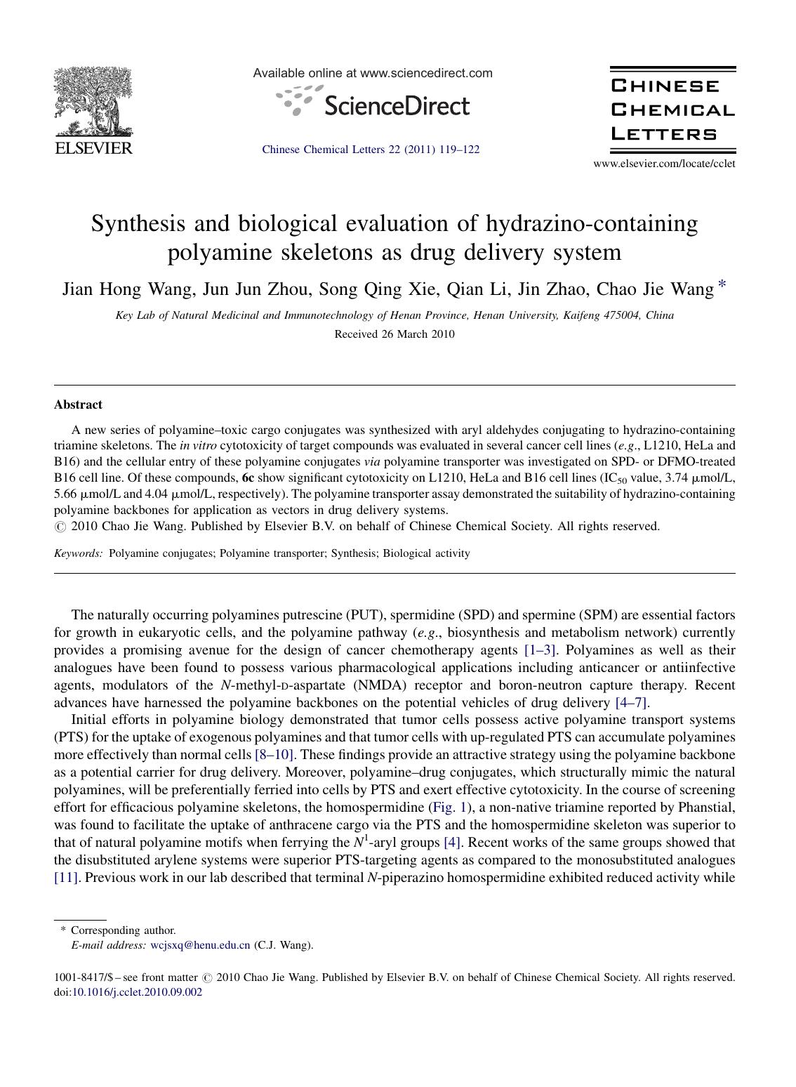Synthesis and biological evaluation of hydrazino-containing polyamine skeletons as drug delivery system by Jian Hong Wang